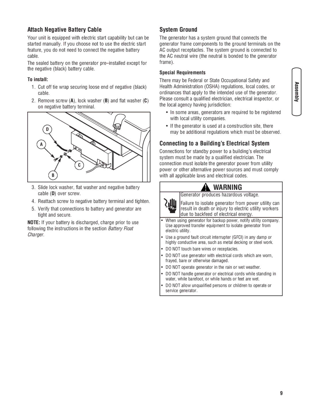 Briggs & Stratton 13500 manual Attach Negative Battery Cable, System Ground, Connecting to a Building’s Electrical System 