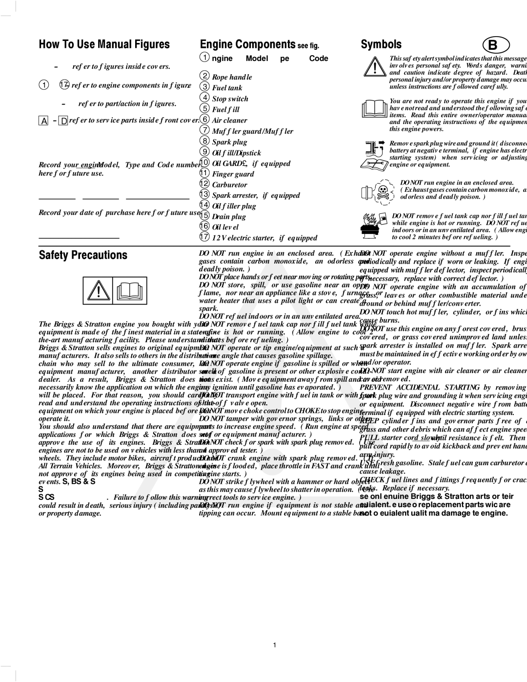 Briggs & Stratton 136200, 135200, 133200, 134200, 137200 owner manual Symbols 