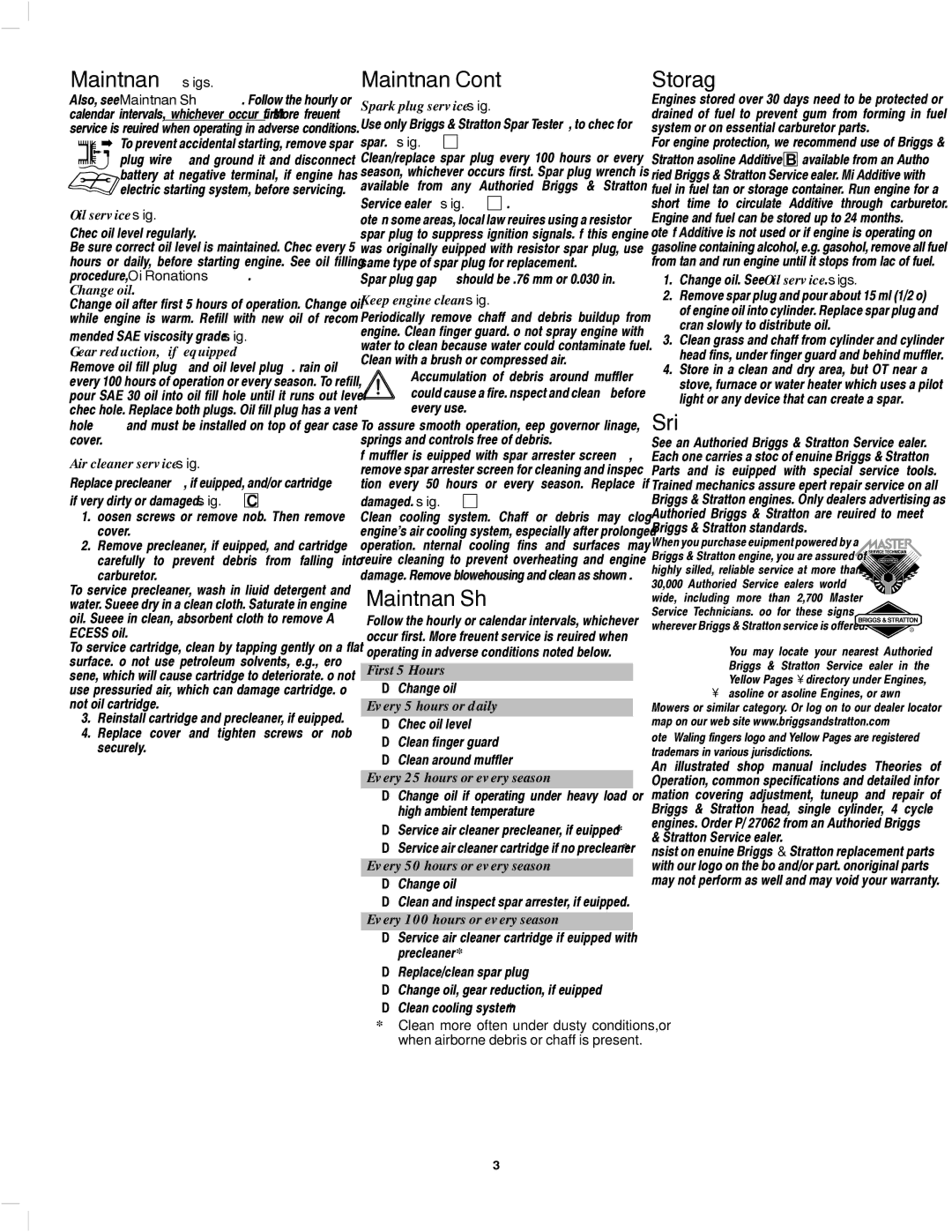 Briggs & Stratton 137200, 135200, 133200, 136200, 134200 owner manual Maintenance see figs. §¨ 