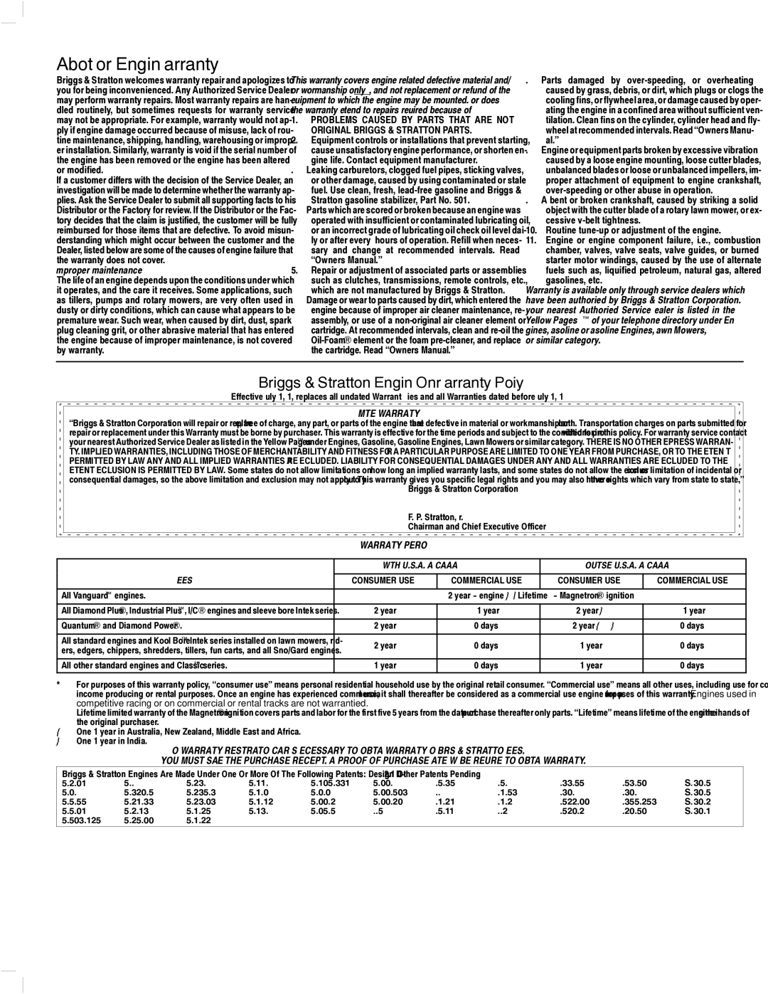 Briggs & Stratton 135200, 133200, 136200, 134200, 137200 owner manual About Your Engine Warranty 