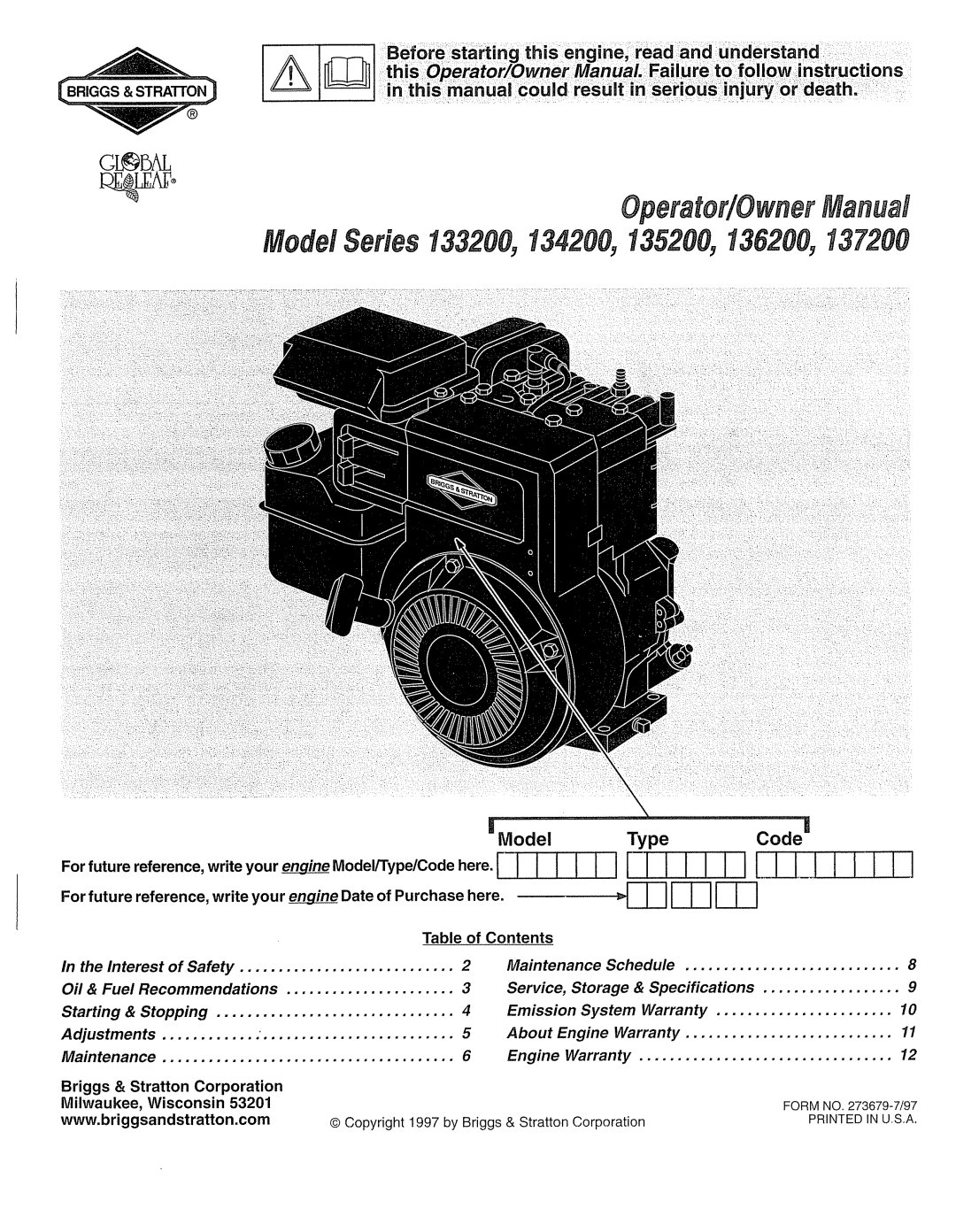 Briggs & Stratton 133200, 135200, 136200, 134200, 137200 manual 