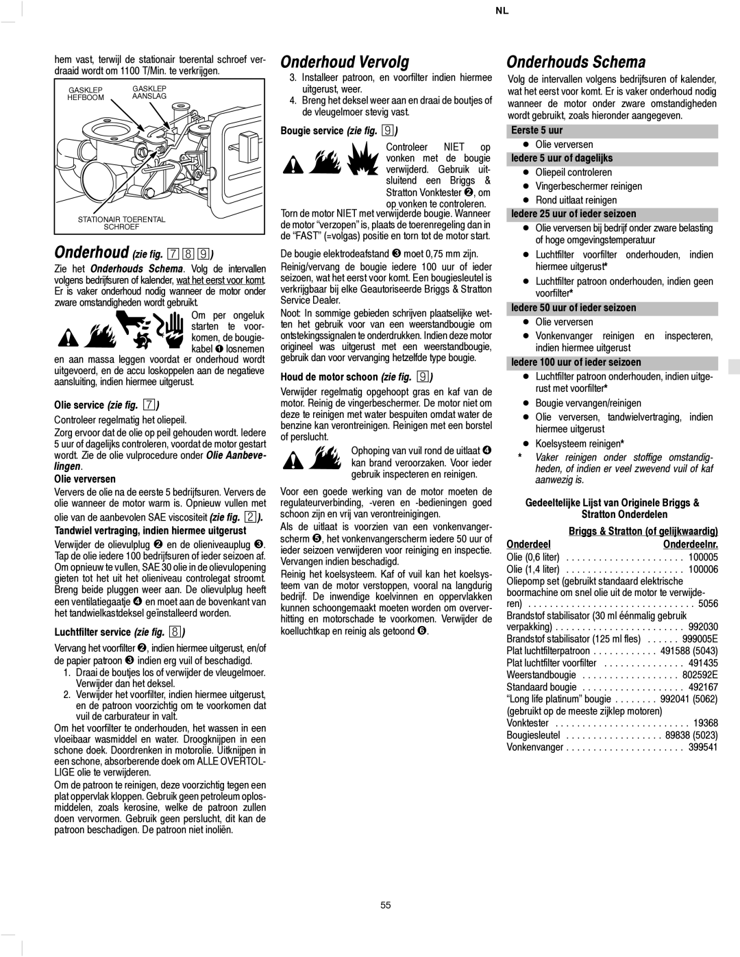 Briggs & Stratton 133200, 135200, 136200, 134200, 137200 manual Onderhoud Vervolg, Onderhouds Schema, Onderhoud zie fig. §¨ 