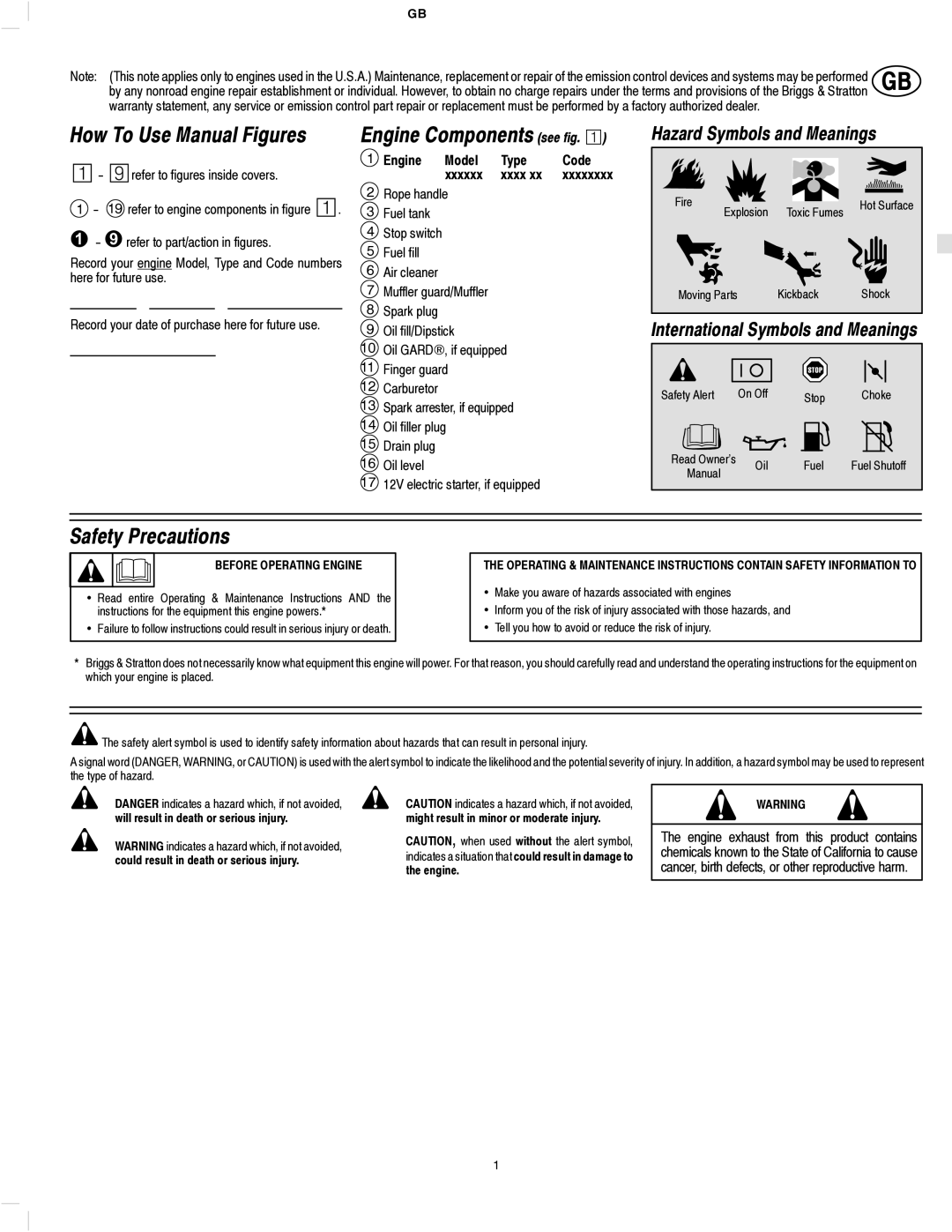 Briggs & Stratton 137200, 135200 Safety Precautions, How To Use Manual Figures Engine Components see fig. ¡, Code Xxxxxxxx 