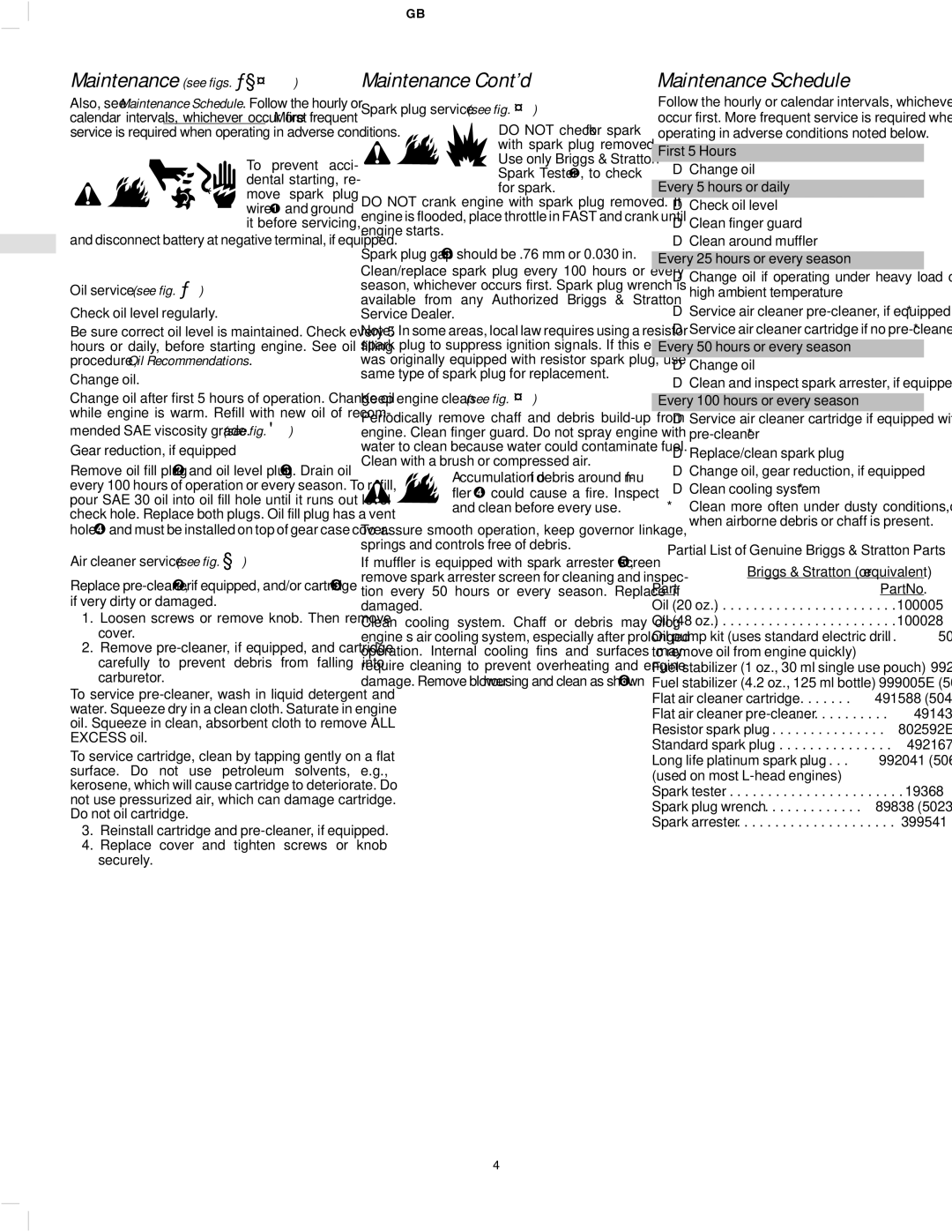 Briggs & Stratton 136200, 135200, 133200, 134200, 137200 Maintenance see figs. §¨, Maintenance Cont’d, Maintenance Schedule 