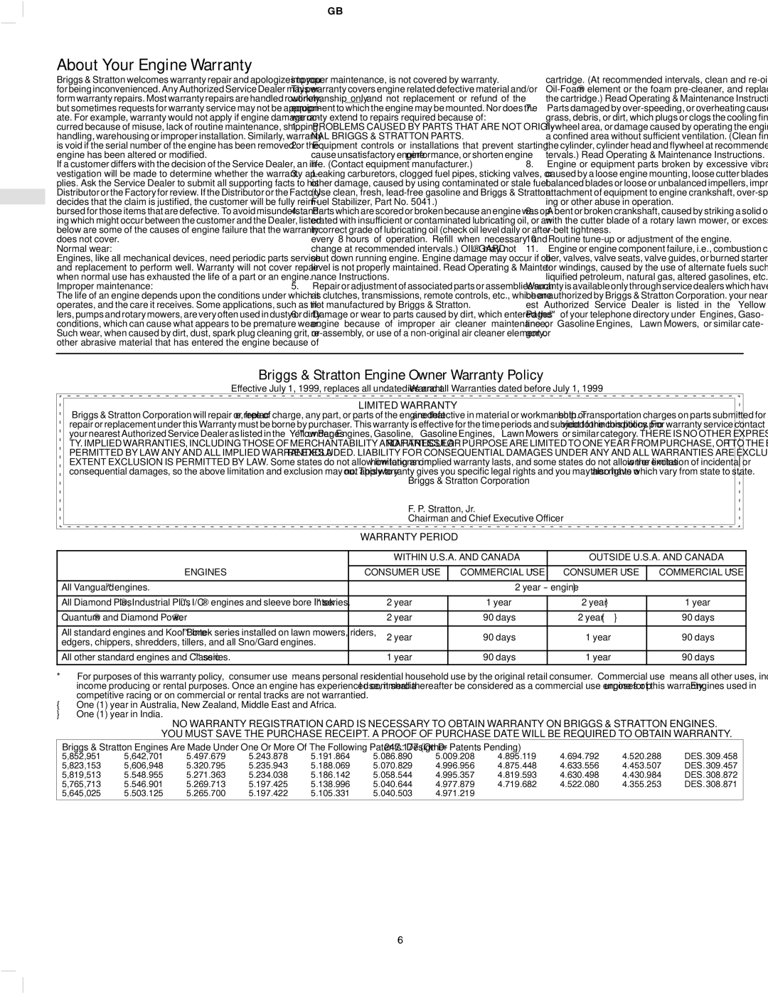 Briggs & Stratton 137200 About Your Engine Warranty, Briggs & Stratton Engine Owner Warranty Policy, Limited Warranty 