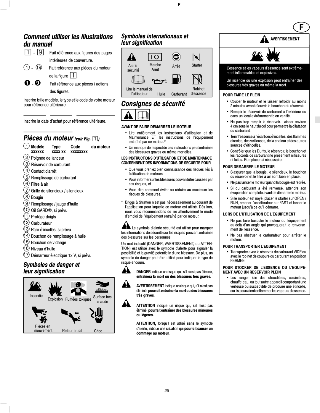 Briggs & Stratton 133200 Comment utiliser les illustrations du manuel, Pièces du moteur voir Fig. ¡, Consignes de sécurité 