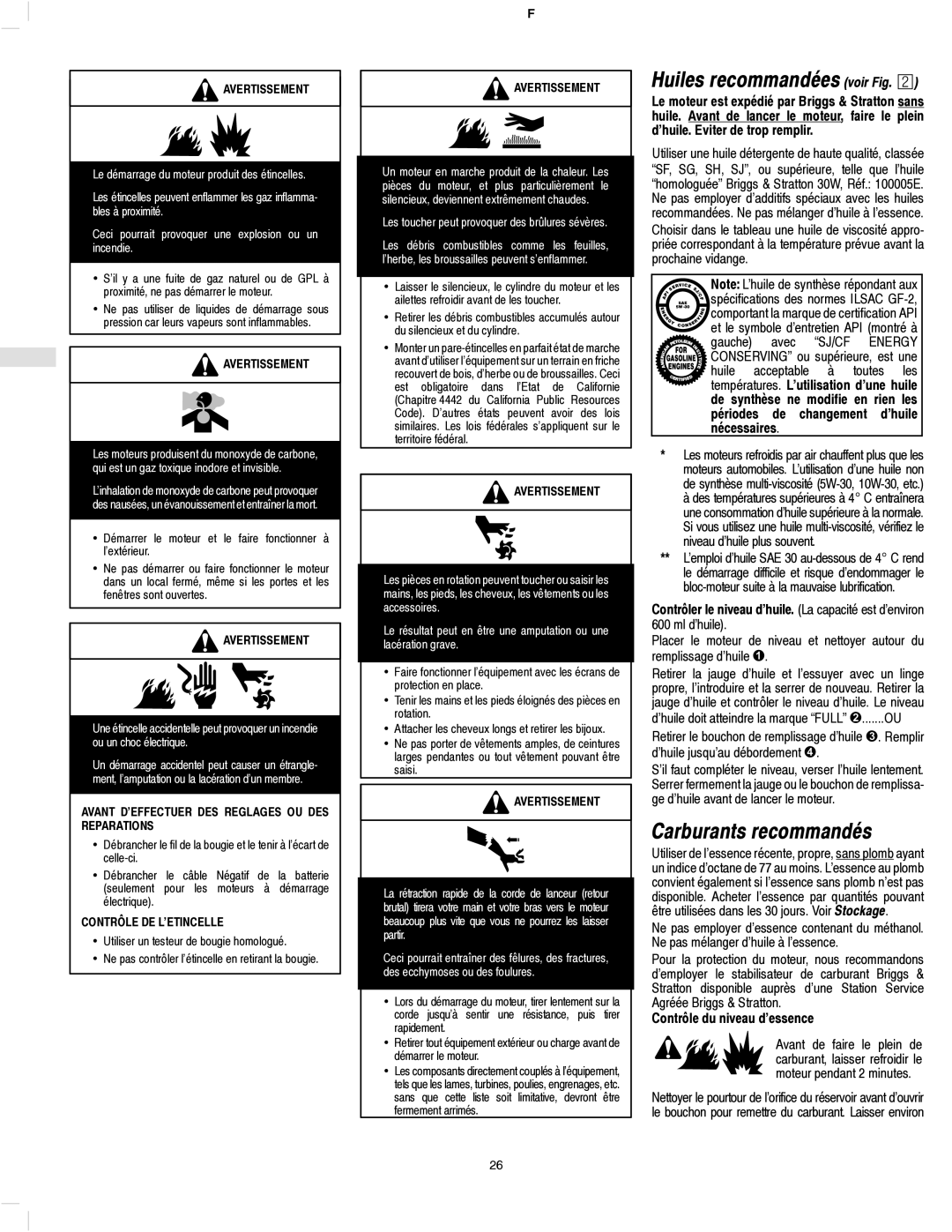 Briggs & Stratton 136200, 135200, 133200 Carburants recommandés, Huiles recommandées voir Fig, Gauche avec SJ/CF Energy 