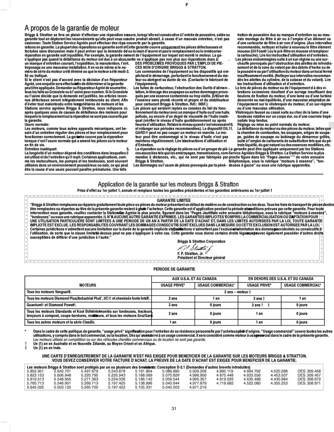Briggs & Stratton 136200 Propos de la garantie de moteur, Garantie Limitee, Periode DE Garantie, AUX U.S.A. ET AU Canada 