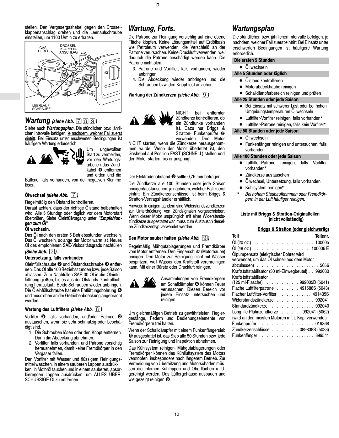 Briggs & Stratton 133200, 135200, 136200, 134200 Wartung, Forts, Wartungsplan, Wartung siehe Abb. §¨, Ölwechsel siehe Abb 