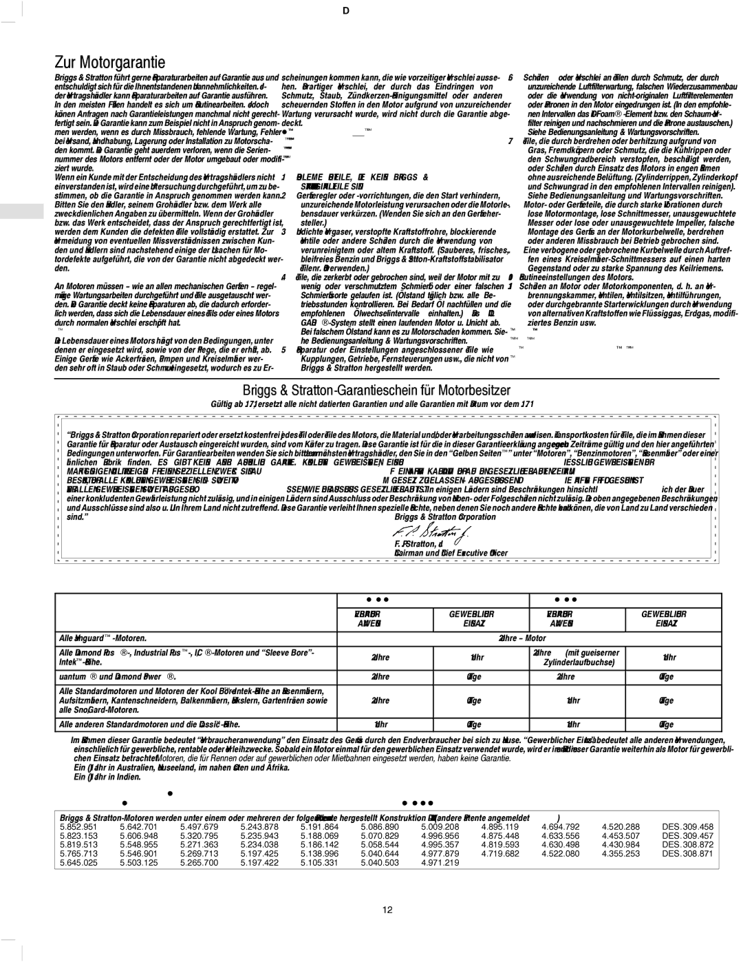 Briggs & Stratton 134200 manual Zur Motorgarantie, Briggs & Stratton-Garantieschein für Motorbesitzer, Beschränkte Garantie 