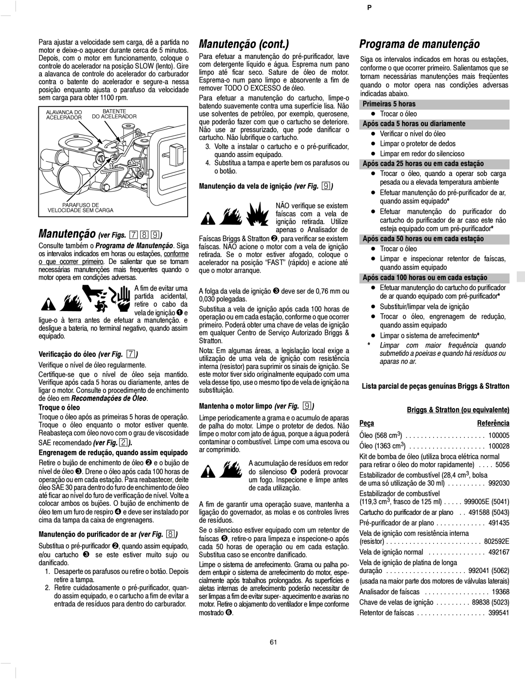 Briggs & Stratton 136200, 135200, 133200, 134200, 137200 manual Programa de manutenção, Manutenção ver Figs. §¨ 