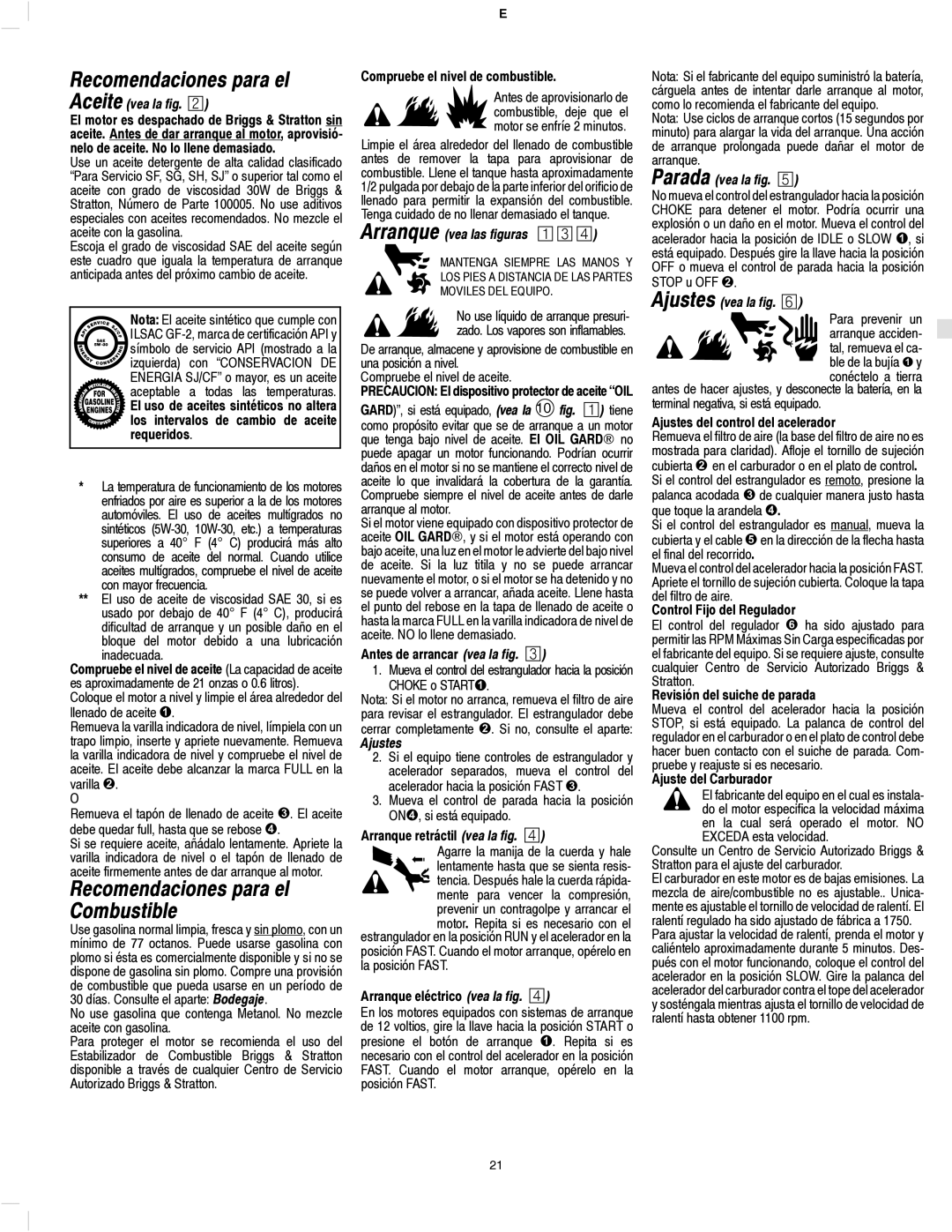 Briggs & Stratton 136200, 135200, 133200, 134200, 137200 manual Recomendaciones para el Combustible, Parada ¤ 