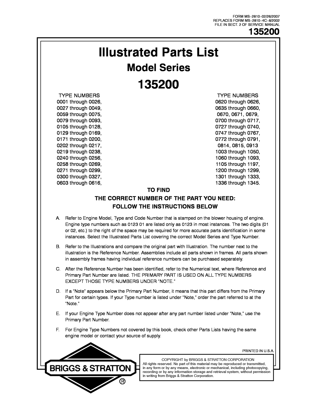 Briggs & Stratton 135200 service manual Illustrated Parts List, Model Series, Follow The Instructions Below 