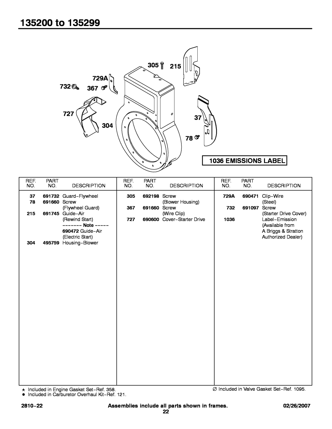 Briggs & Stratton 135200 to, 729A, Emissions Label, 2810−22, Assemblies include all parts shown in frames, 02/26/2007 