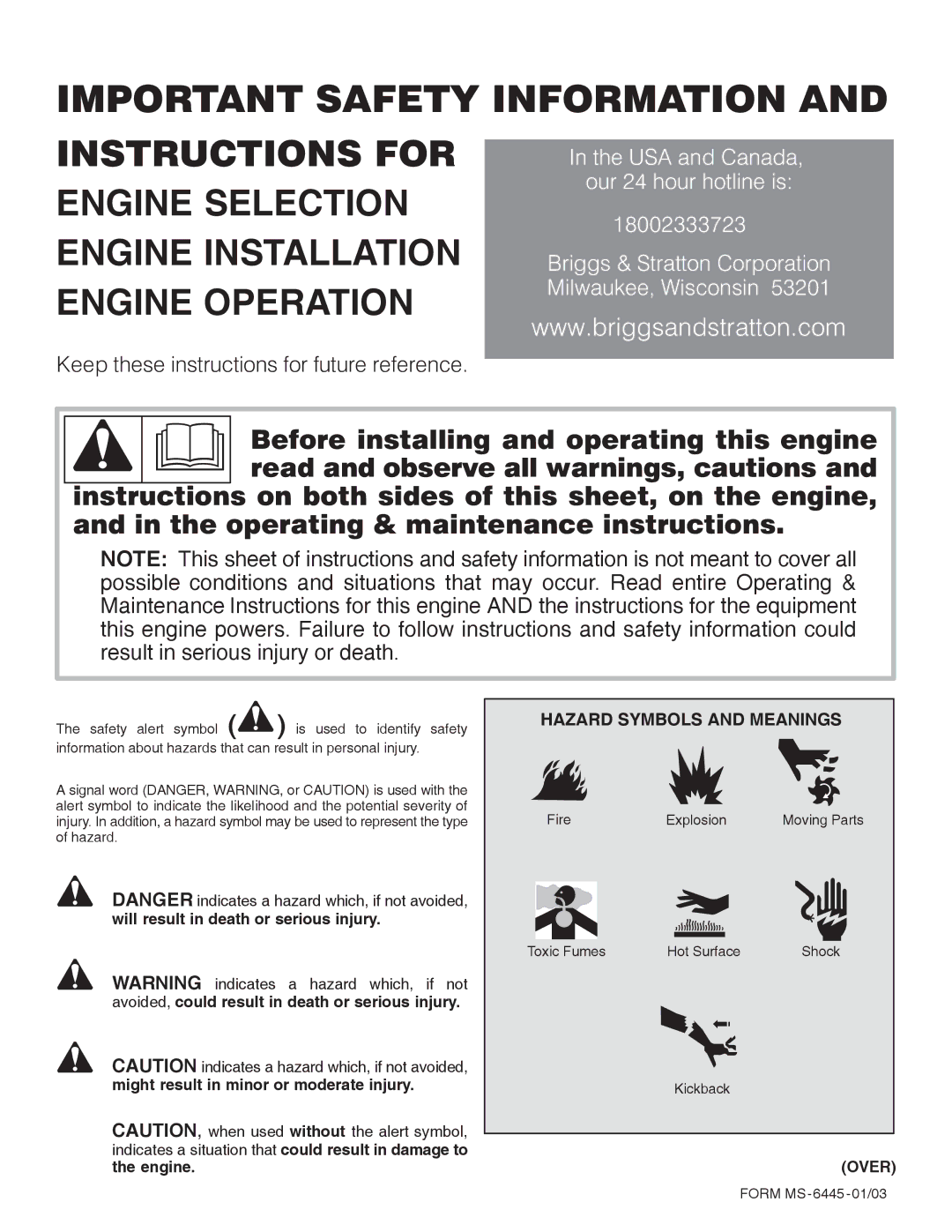 Briggs & Stratton 136200 manual Important Safety Information 