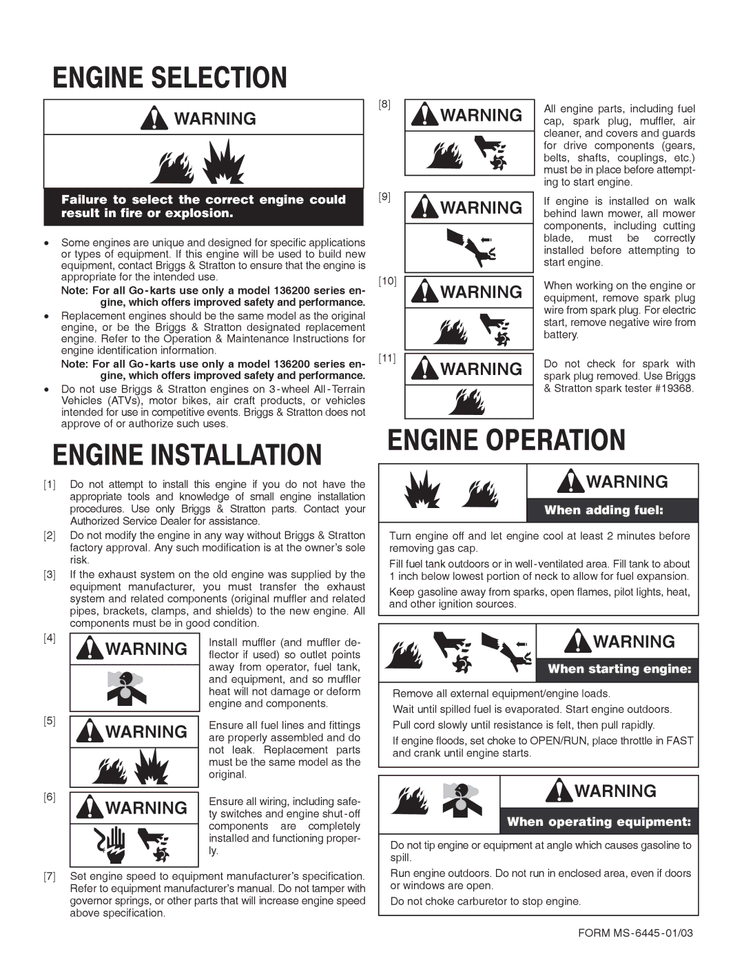 Briggs & Stratton 136200 manual Engine Selection 