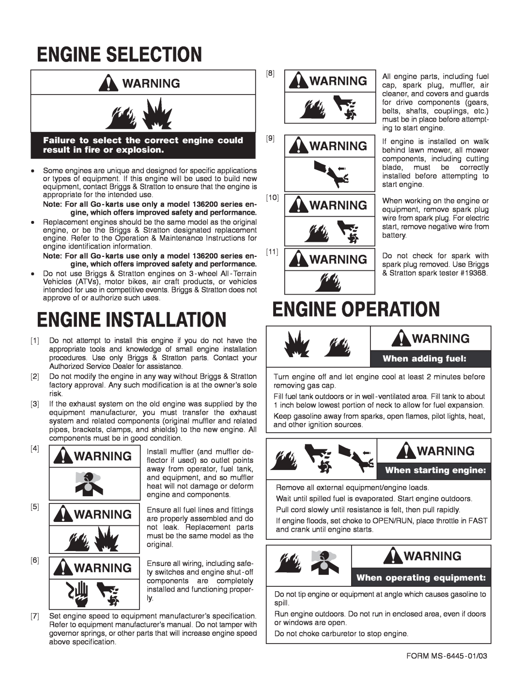 Briggs & Stratton 136200 Engine Selection, Engine Installation, Engine Operation, When adding fuel, When starting engine 