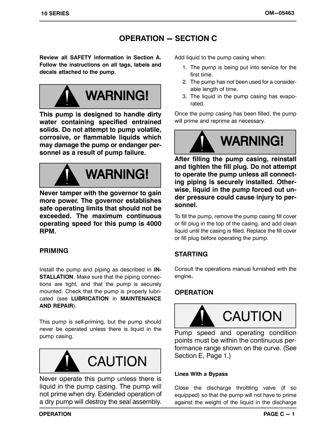 Briggs & Stratton 13D1-(19) PPO, 13D1-19 manual Operation − Section C, Priming, Starting 