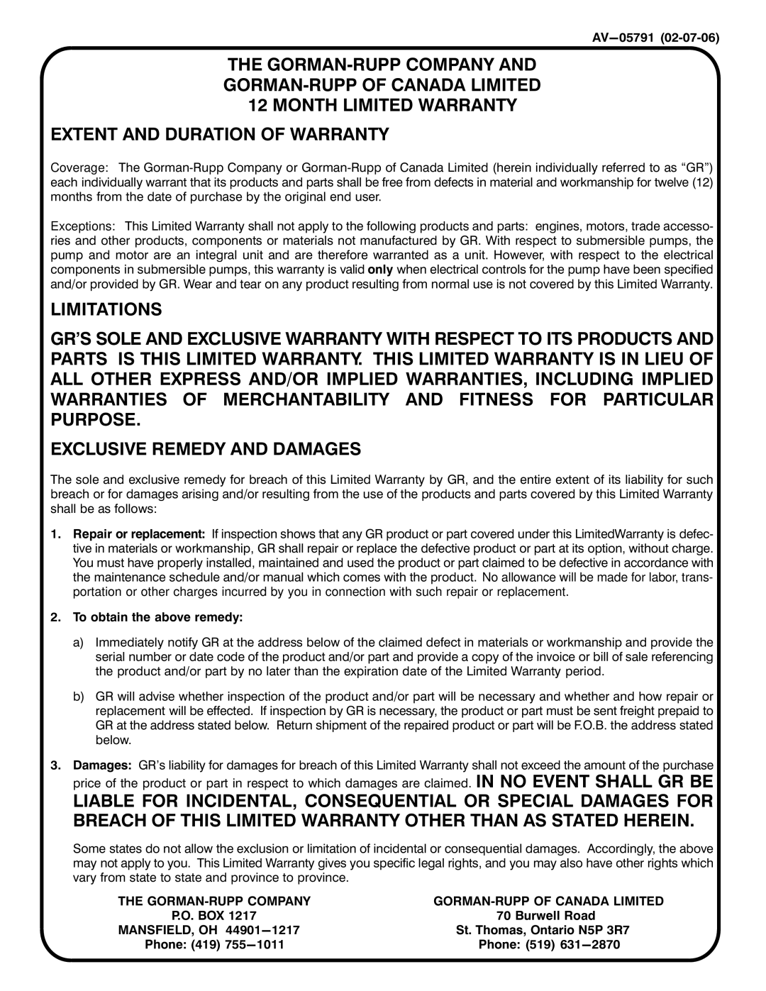 Briggs & Stratton 13D1-19 manual Extent and Duration of Warranty, GORMAN-RUPP Company GORMAN-RUPP of Canada Limited 