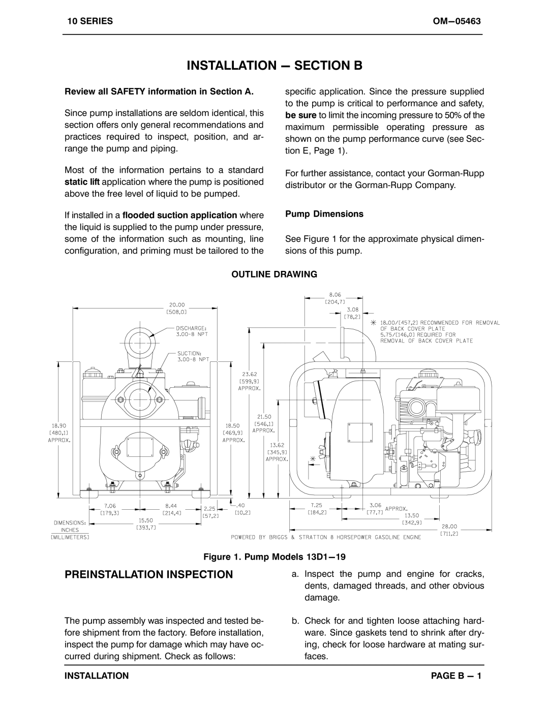 Briggs & Stratton 13D1-19, 13D1-(19) PPO manual Installation − Section B, Preinstallation Inspection 