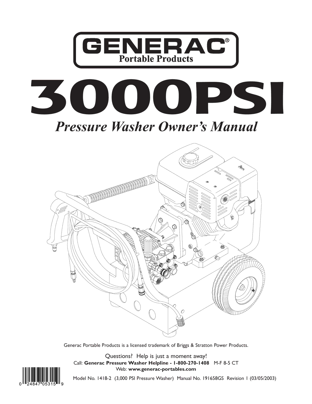 Briggs & Stratton 1418-2 owner manual 3000PSI 