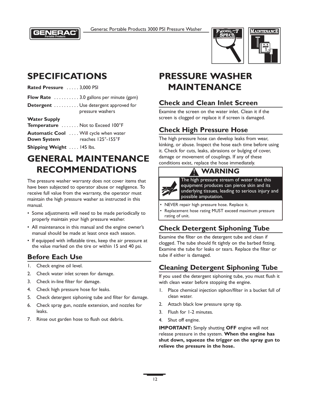 Briggs & Stratton 1418-2 owner manual Specifications, General Maintenance Pressure Washer Maintenance, Recommendations 