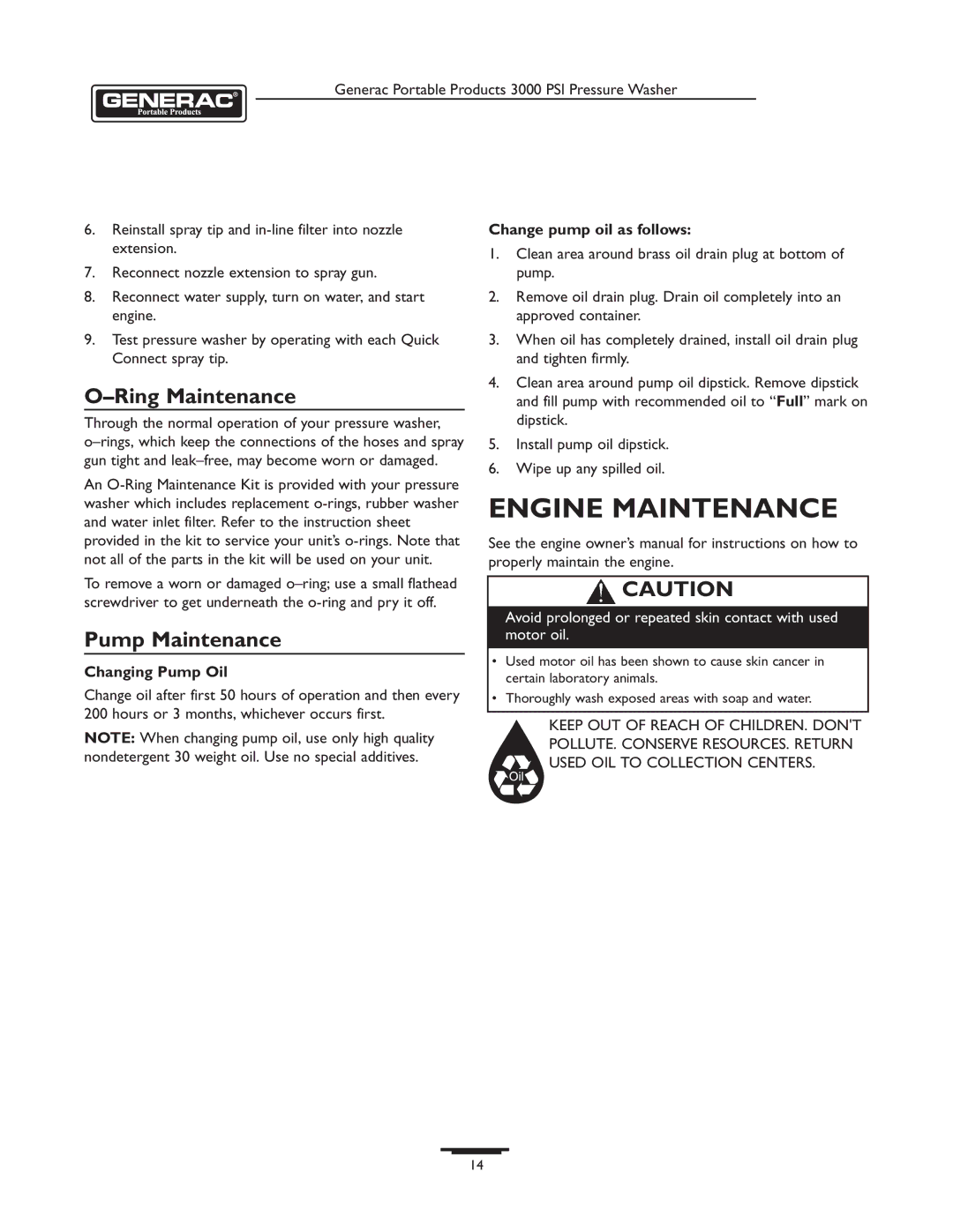 Briggs & Stratton 1418-2 owner manual Engine Maintenance, Ring Maintenance, Pump Maintenance, Changing Pump Oil 