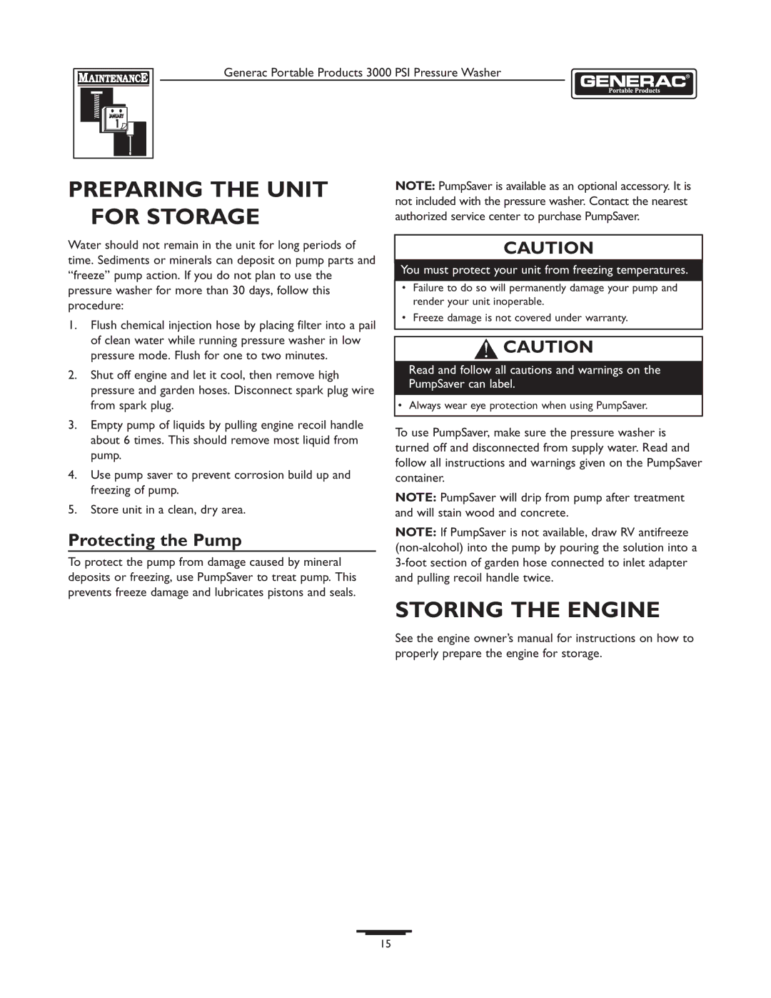 Briggs & Stratton 1418-2 owner manual Preparing the Unit for Storage, Storing the Engine, Protecting the Pump 