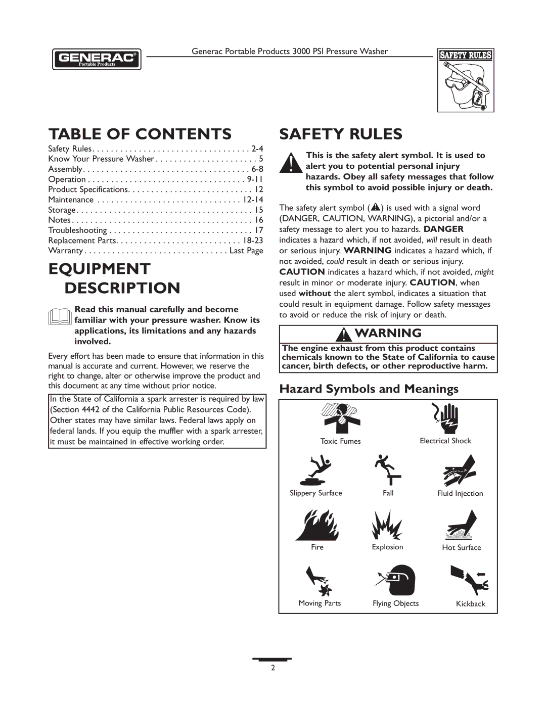 Briggs & Stratton 1418-2 owner manual Table of Contents, Equipment Description, Safety Rules 