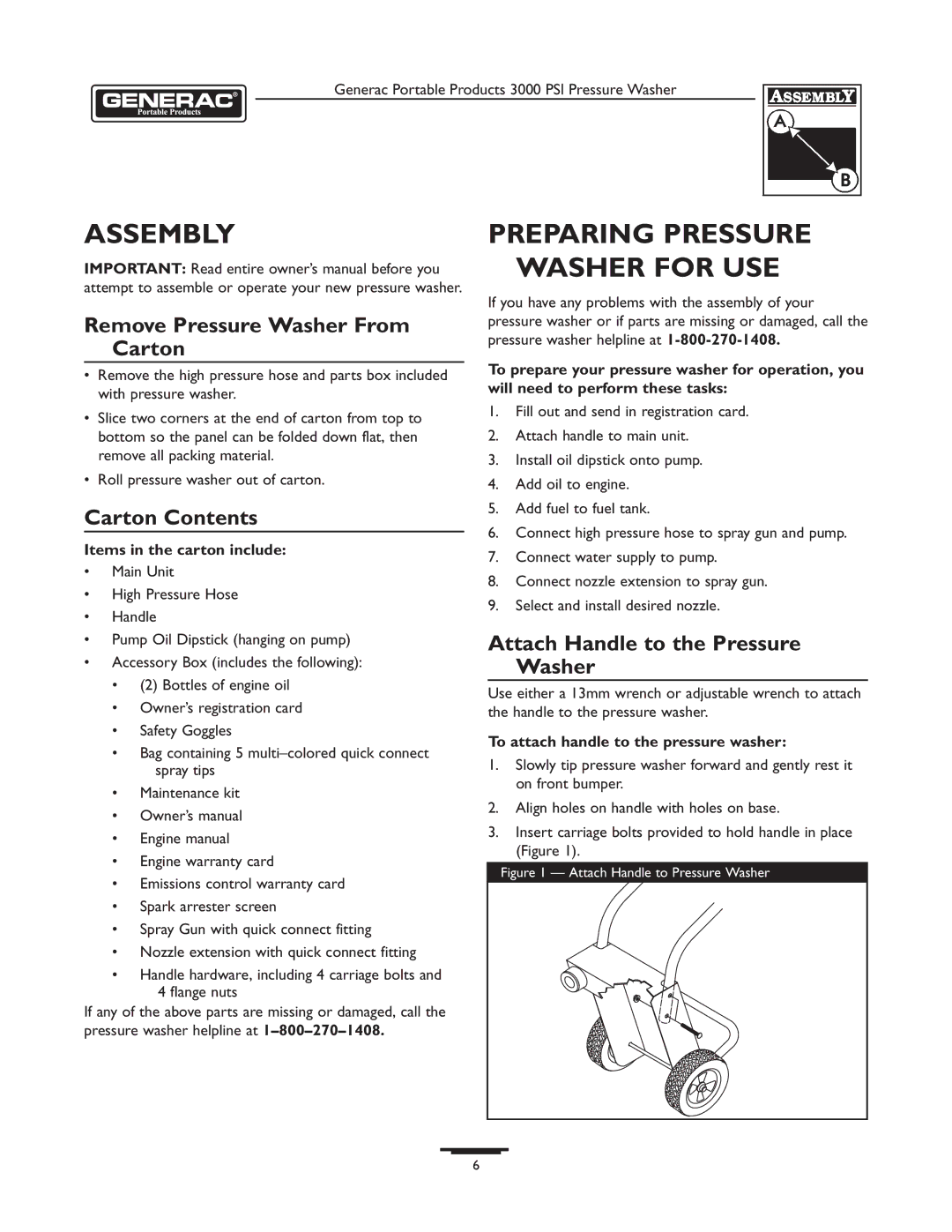 Briggs & Stratton 1418-2 Assembly, Preparing Pressure Washer for USE, Remove Pressure Washer From Carton, Carton Contents 