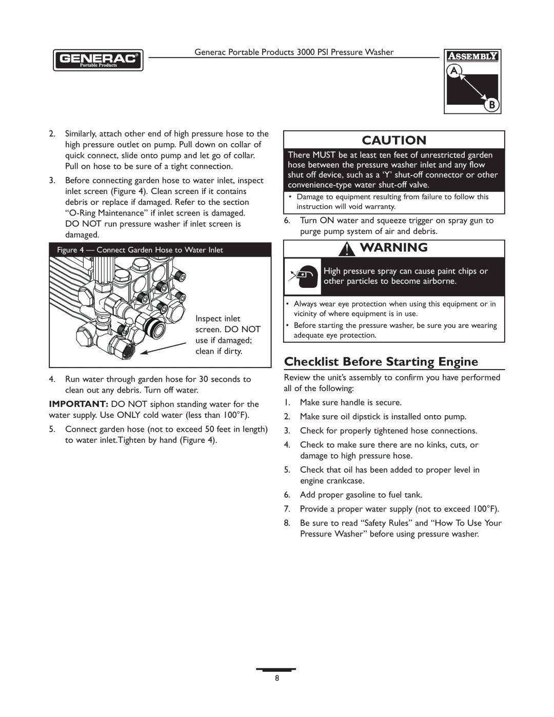 Briggs & Stratton 1418-2 Checklist Before Starting Engine, Inspect inlet, Screen. do not, Use if damaged, Clean if dirty 