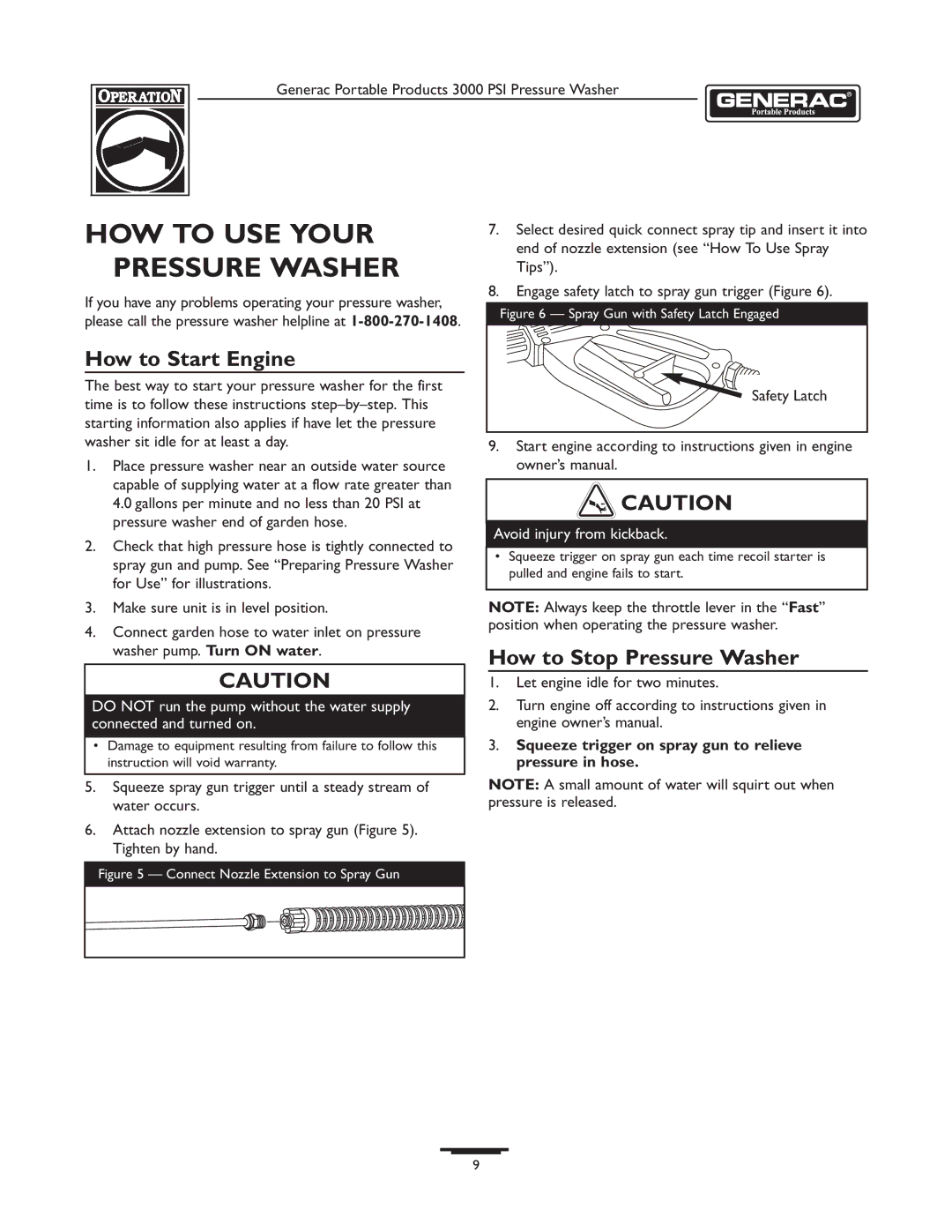 Briggs & Stratton 1418-2 owner manual HOW to USE Your Pressure Washer, How to Start Engine, How to Stop Pressure Washer 