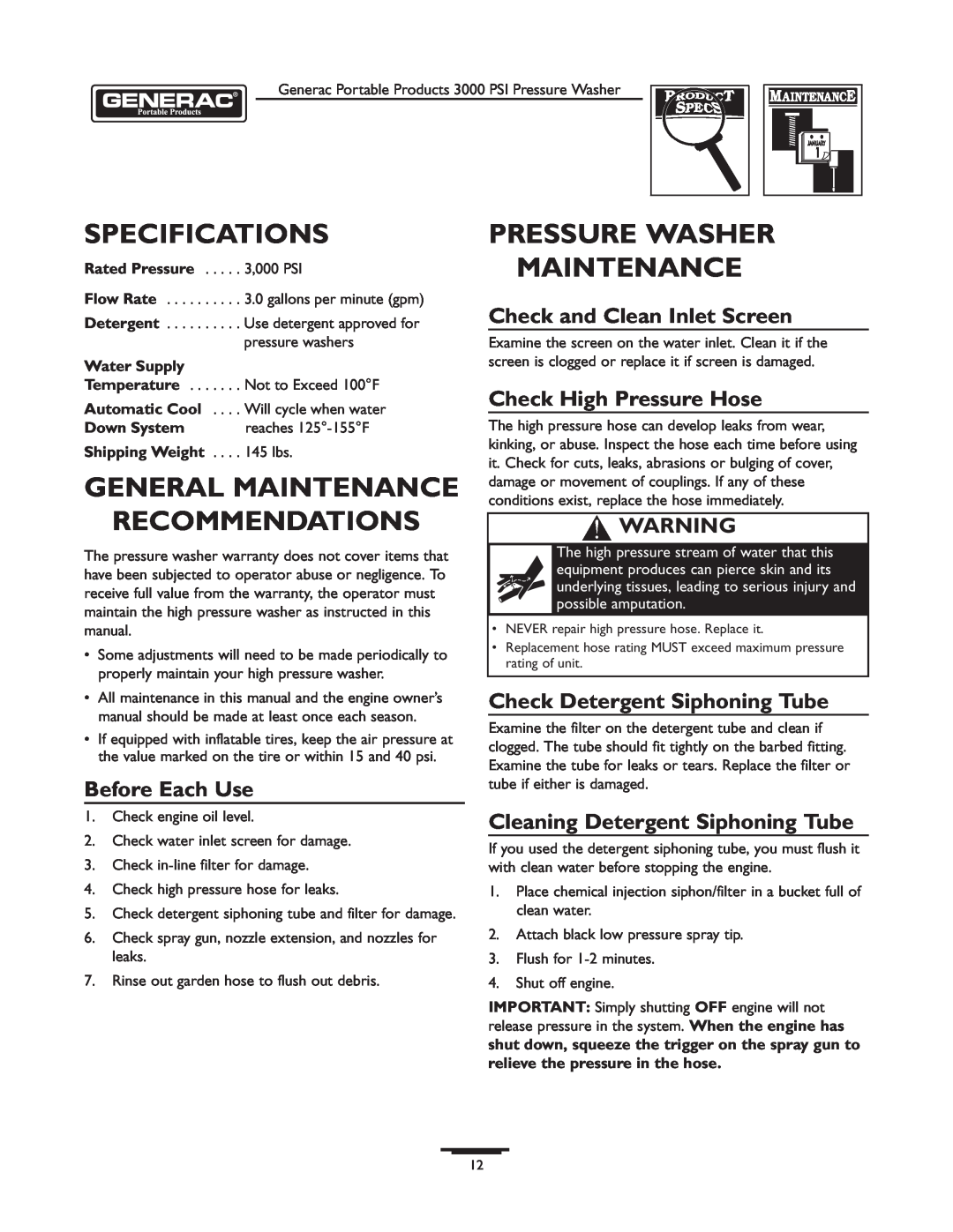Briggs & Stratton 1418-2 Specifications, General Maintenance, Pressure Washer Maintenance, Recommendations, Water Supply 