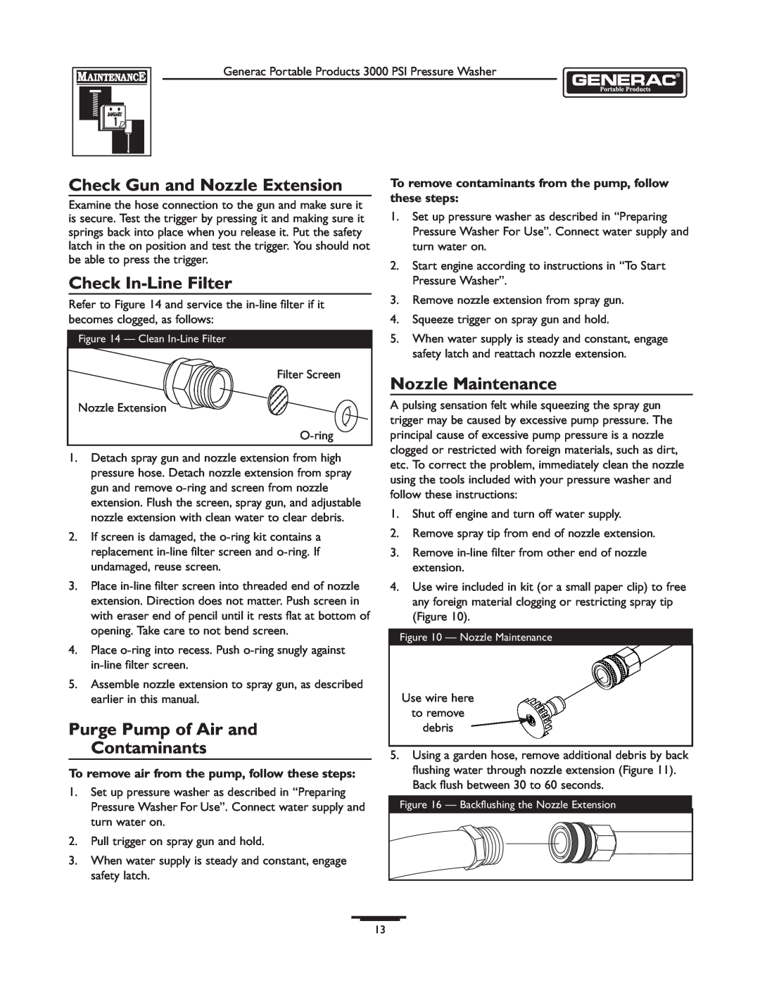 Briggs & Stratton 1418-2 owner manual Check Gun and Nozzle Extension, Check In-Line Filter, Nozzle Maintenance 