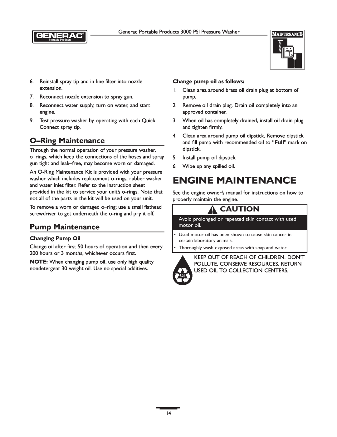 Briggs & Stratton 1418-2 owner manual Engine Maintenance, O-Ring Maintenance, Pump Maintenance, Changing Pump Oil 
