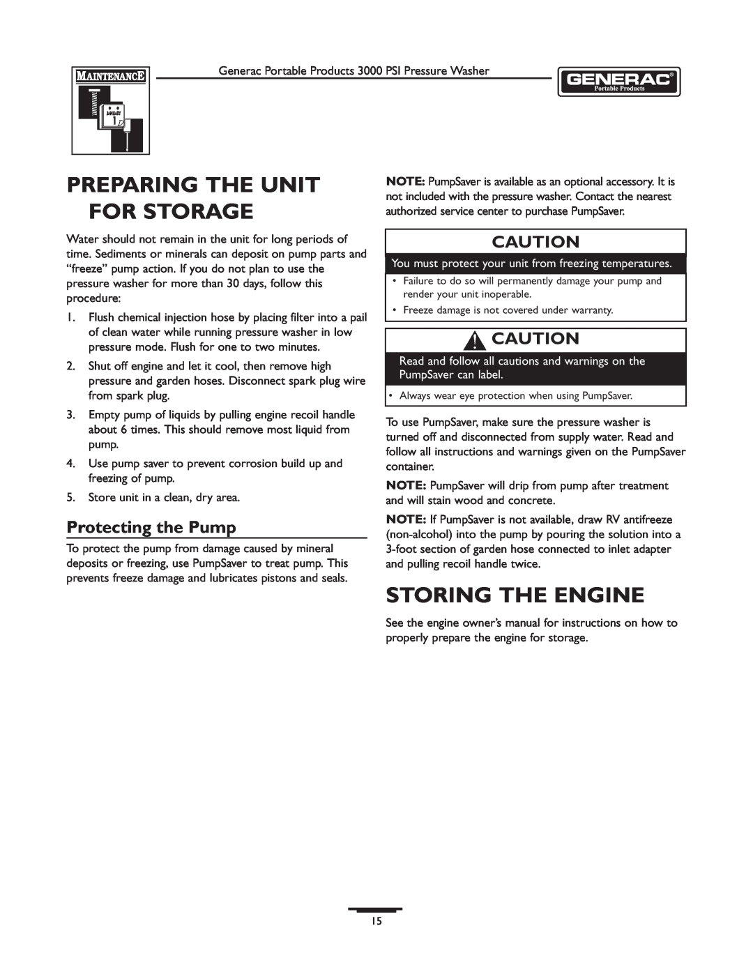 Briggs & Stratton 1418-2 owner manual Preparing The Unit For Storage, Storing The Engine, Protecting the Pump 