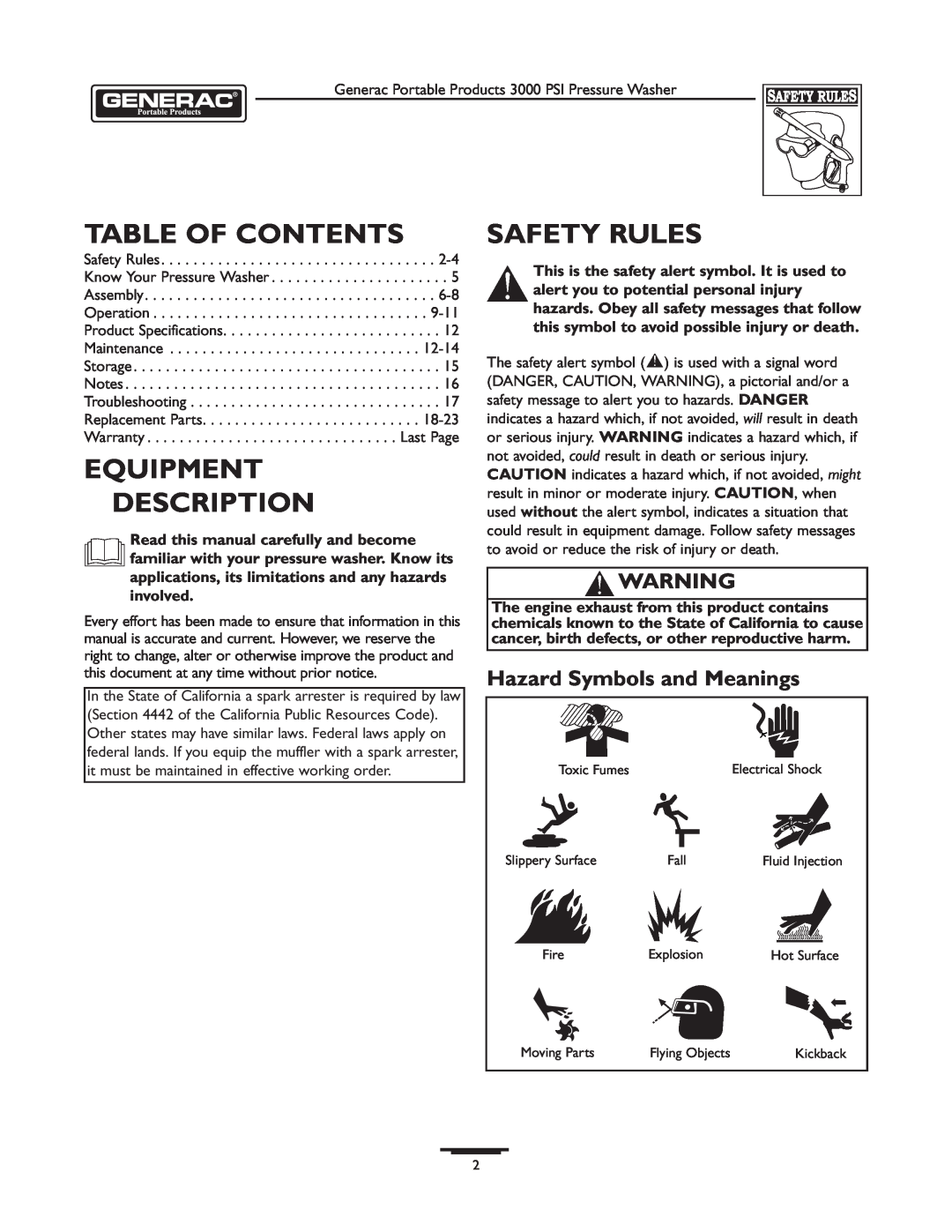 Briggs & Stratton 1418-2 owner manual Table Of Contents, Equipment Description, Safety Rules, Hazard Symbols and Meanings 