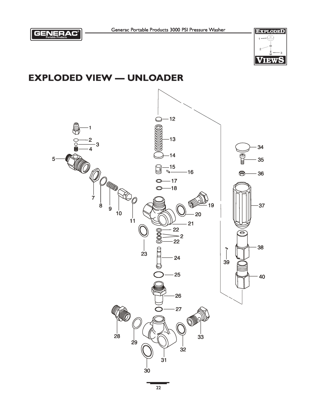 Briggs & Stratton 1418-2 owner manual Exploded View - Unloader, Generac Portable Products 3000 PSI Pressure Washer 