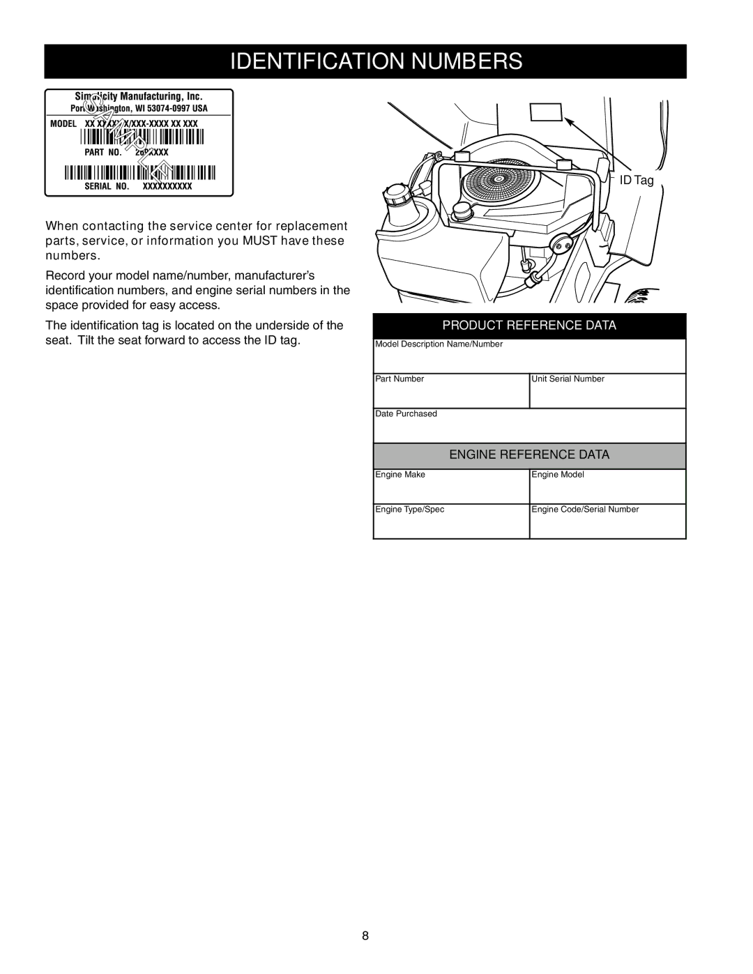 Briggs & Stratton 150Z Series manual Identification Numbers, ID Tag 