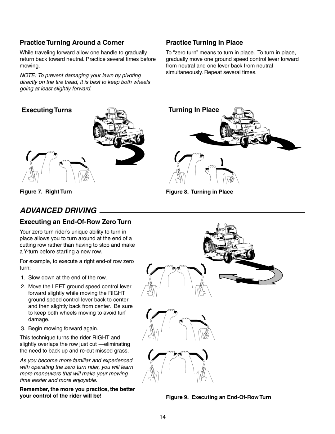 Briggs & Stratton 150Z Series manual Practice Turning Around a Corner, Practice Turning In Place, Executing Turns 