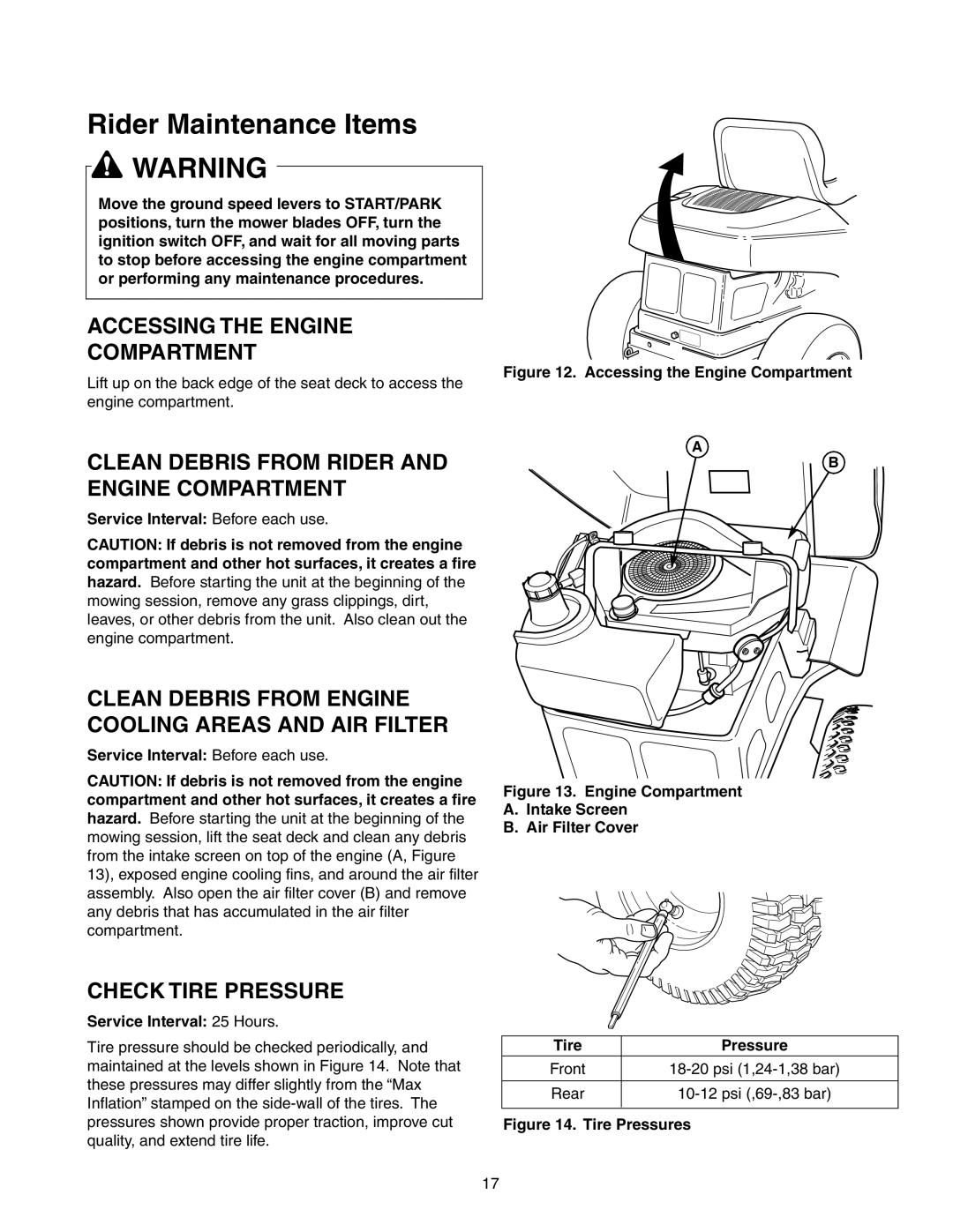 Briggs & Stratton 150Z Series manual Accessing the Engine Compartment, Clean Debris from Rider Engine Compartment 