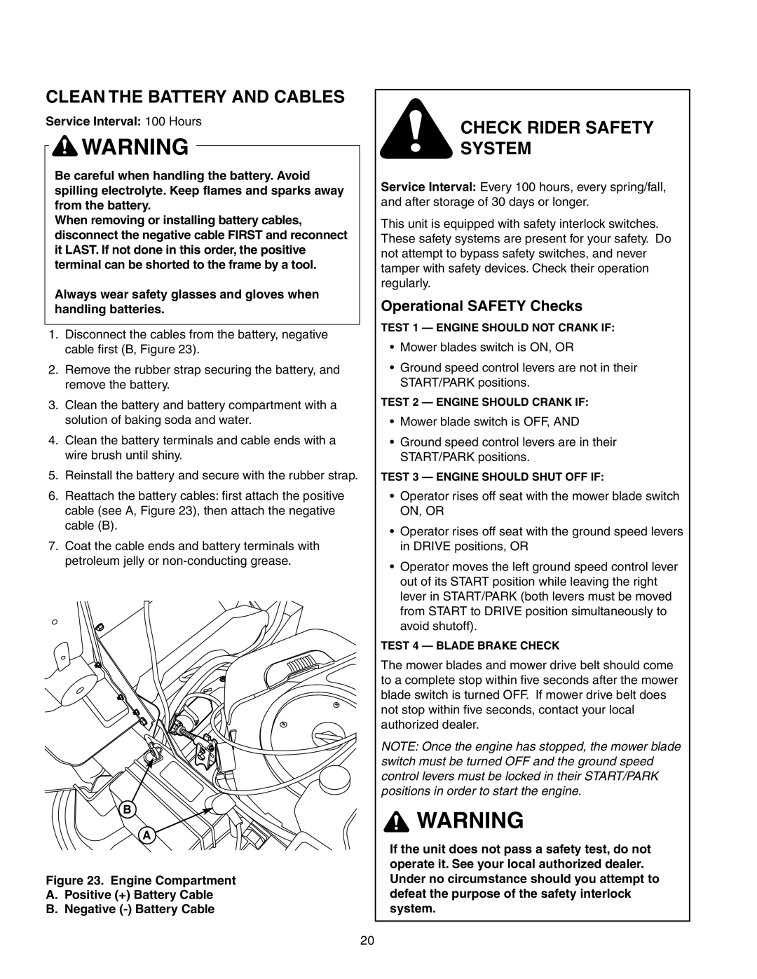 Briggs & Stratton 150Z Series manual Clean the Battery and Cables, Check Rider Safety System, Operational Safety Checks 