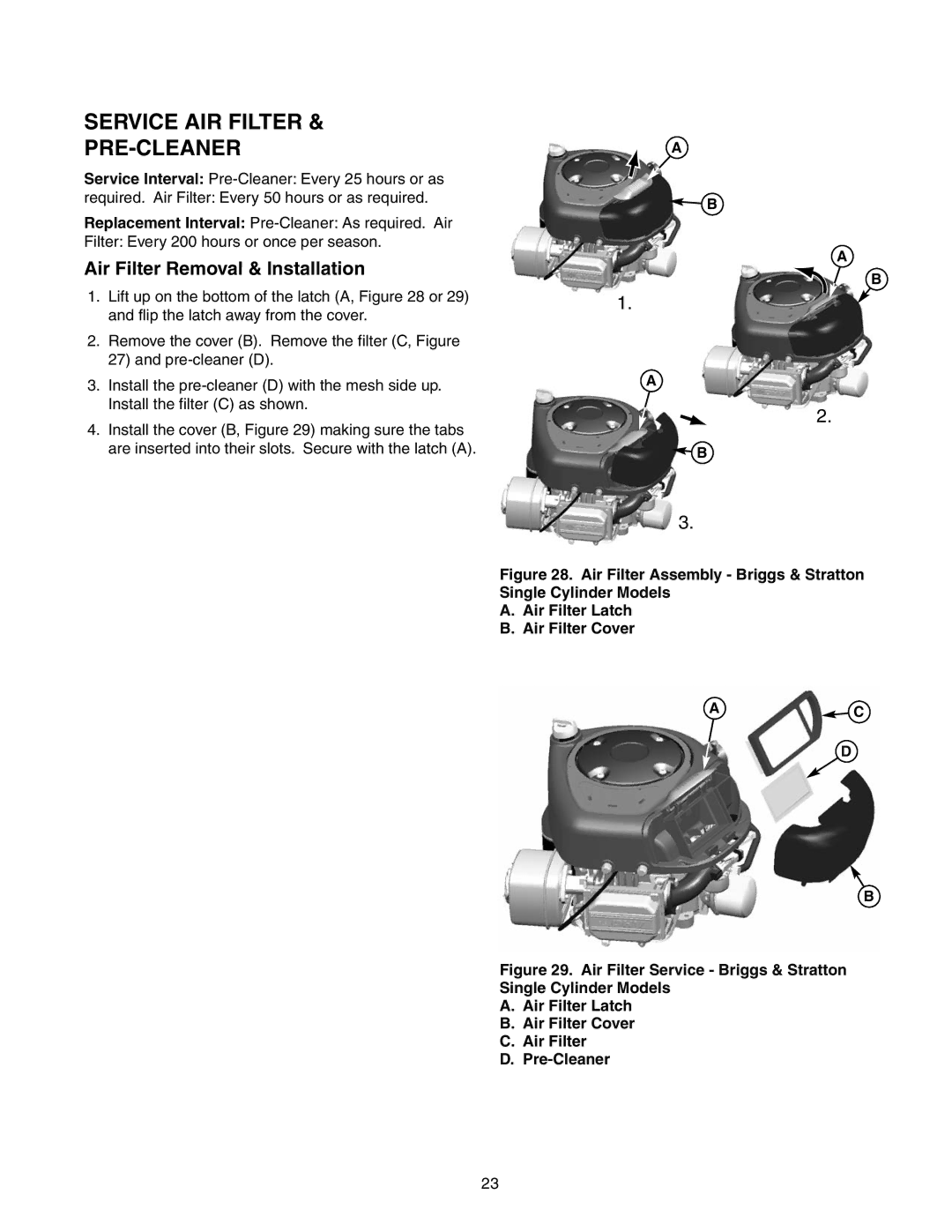 Briggs & Stratton 150Z Series manual Service AIR Filter PRE-CLEANER, Air Filter Removal & Installation 