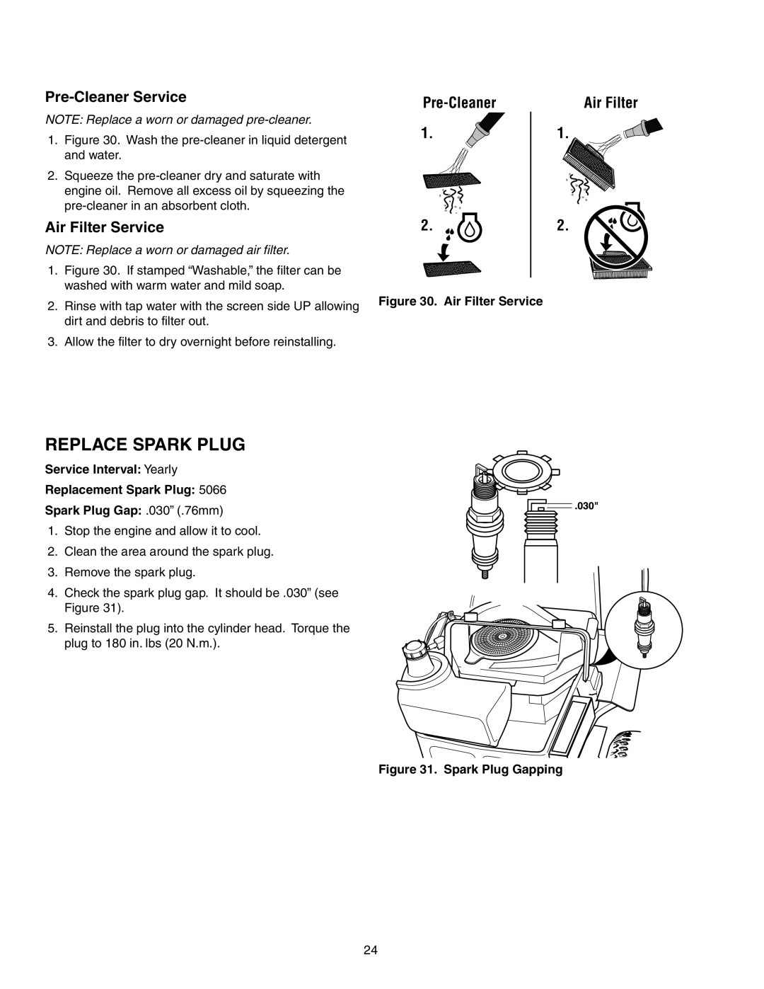 Briggs & Stratton 150Z Series manual Replace Spark Plug, Pre-Cleaner Service, Air Filter Service Pre-Cleaner 