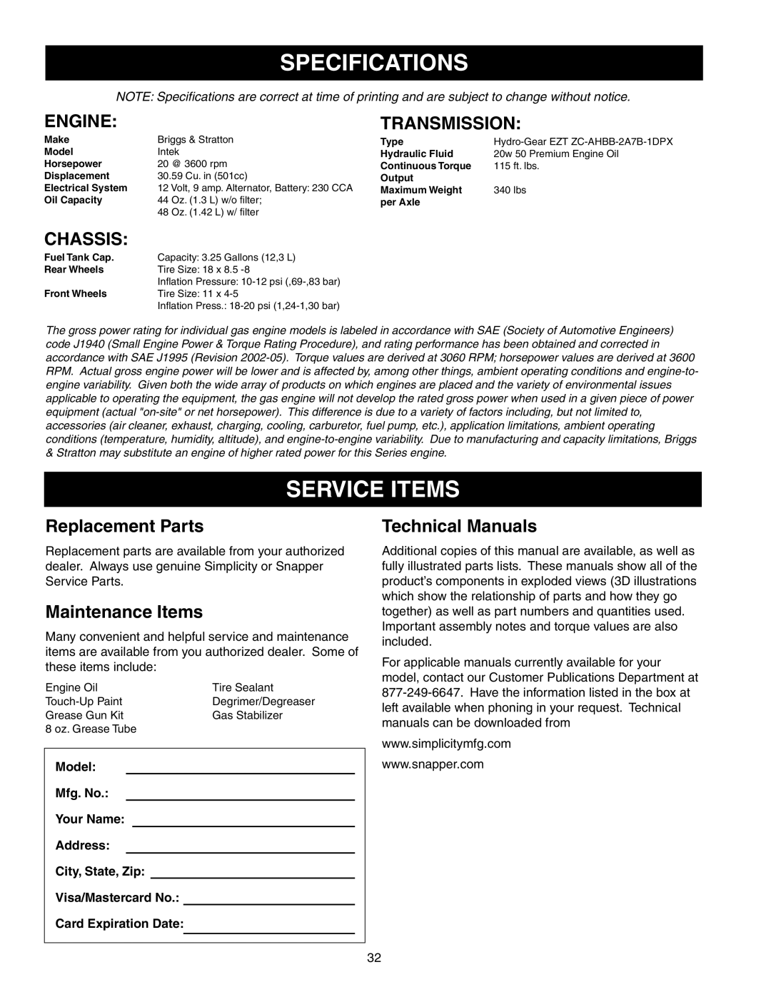 Briggs & Stratton 150Z Series manual Specifications, Service Items, Engine Transmission, Chassis 