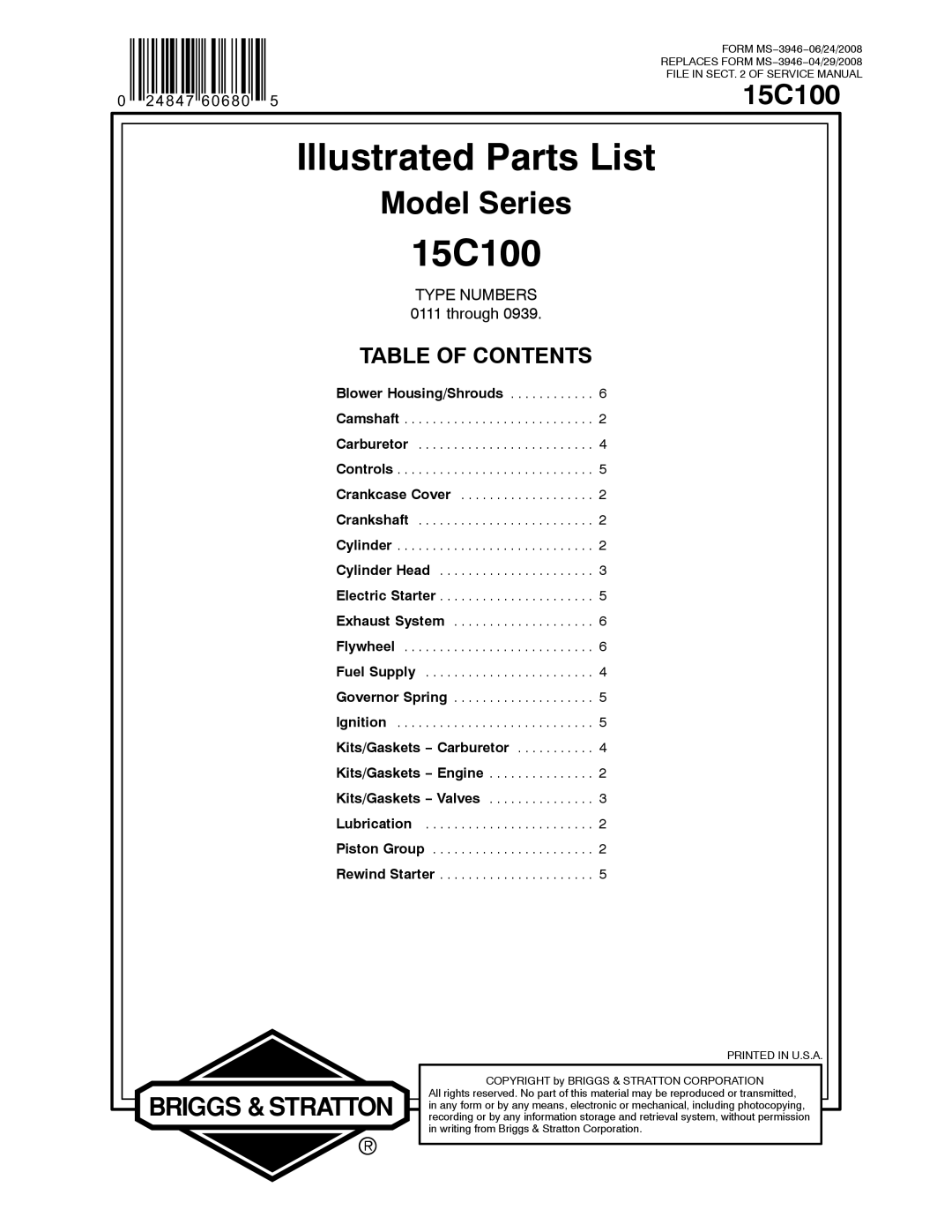 Briggs & Stratton 15C100 service manual Illustrated Parts List 