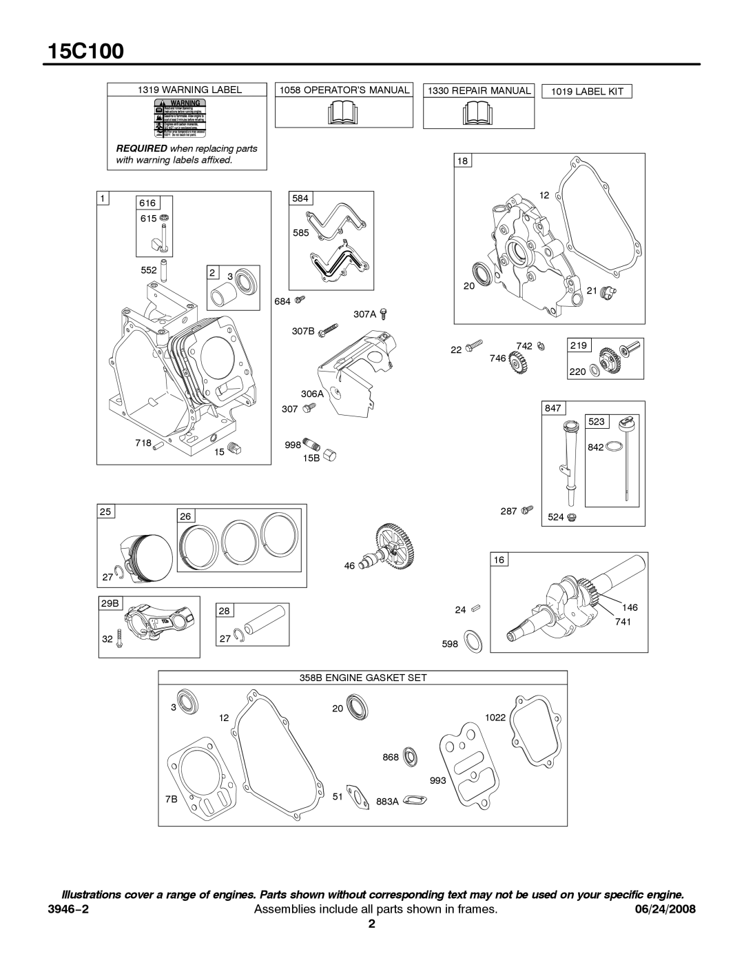 Briggs & Stratton 15C100 service manual 358B Engine Gasket SET 