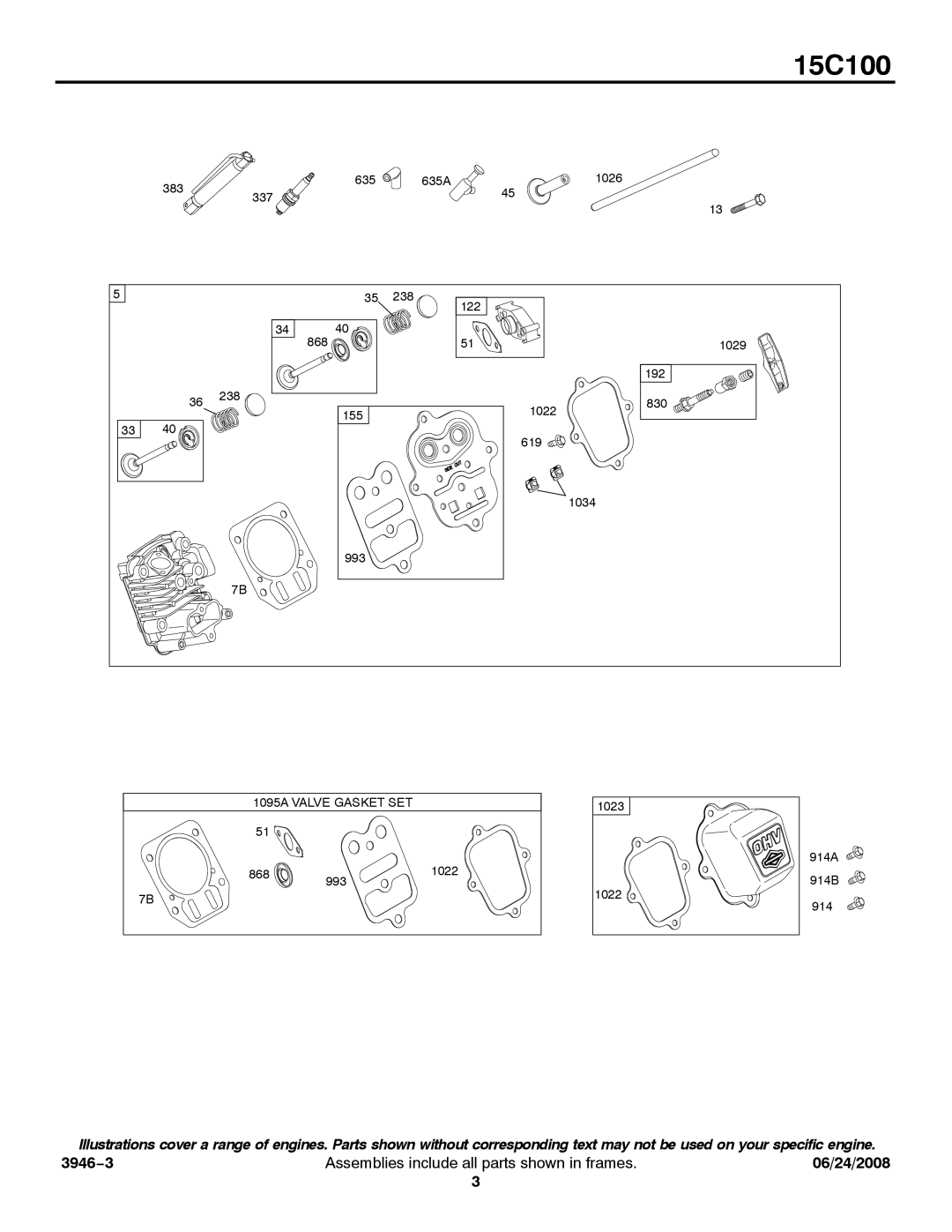 Briggs & Stratton 15C100 service manual 1095A Valve Gasket SET 