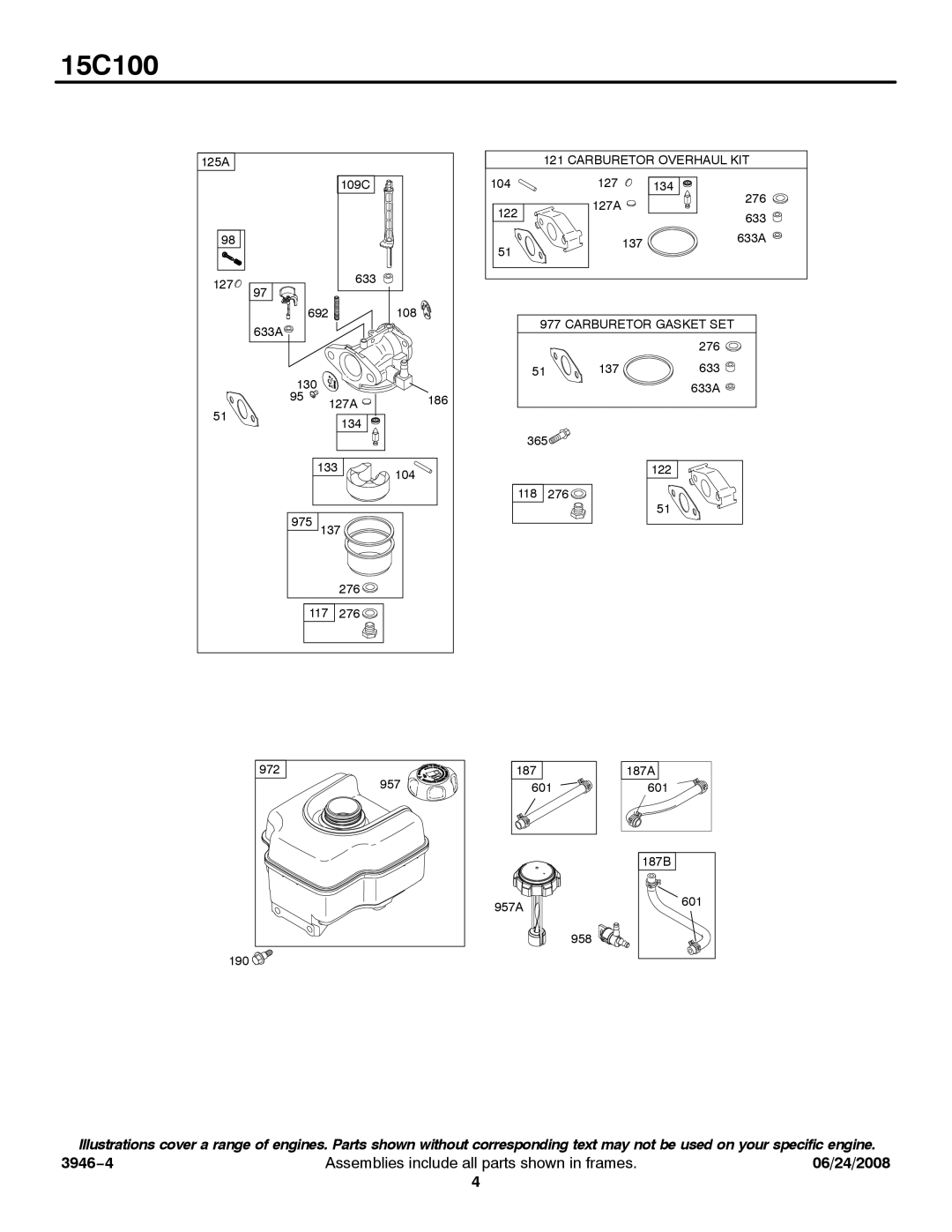 Briggs & Stratton 15C100 service manual Carburetor Overhaul KIT 