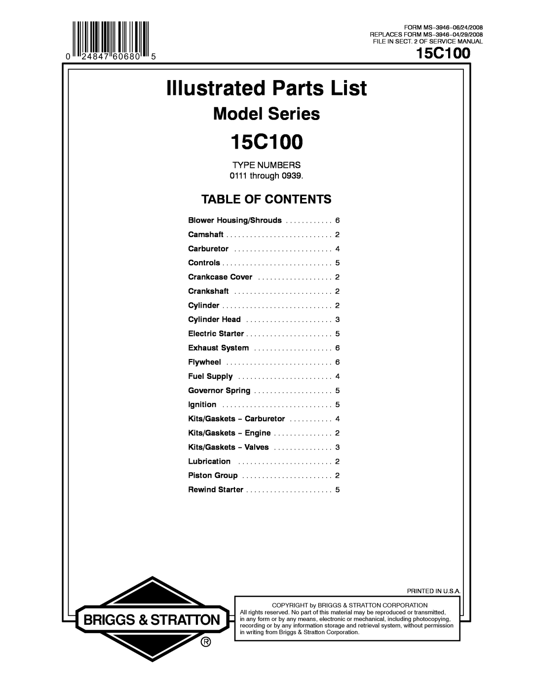 Briggs & Stratton 15C100 service manual Illustrated Parts List, Model Series, Table Of Contents, TYPE NUMBERS 0111 through 